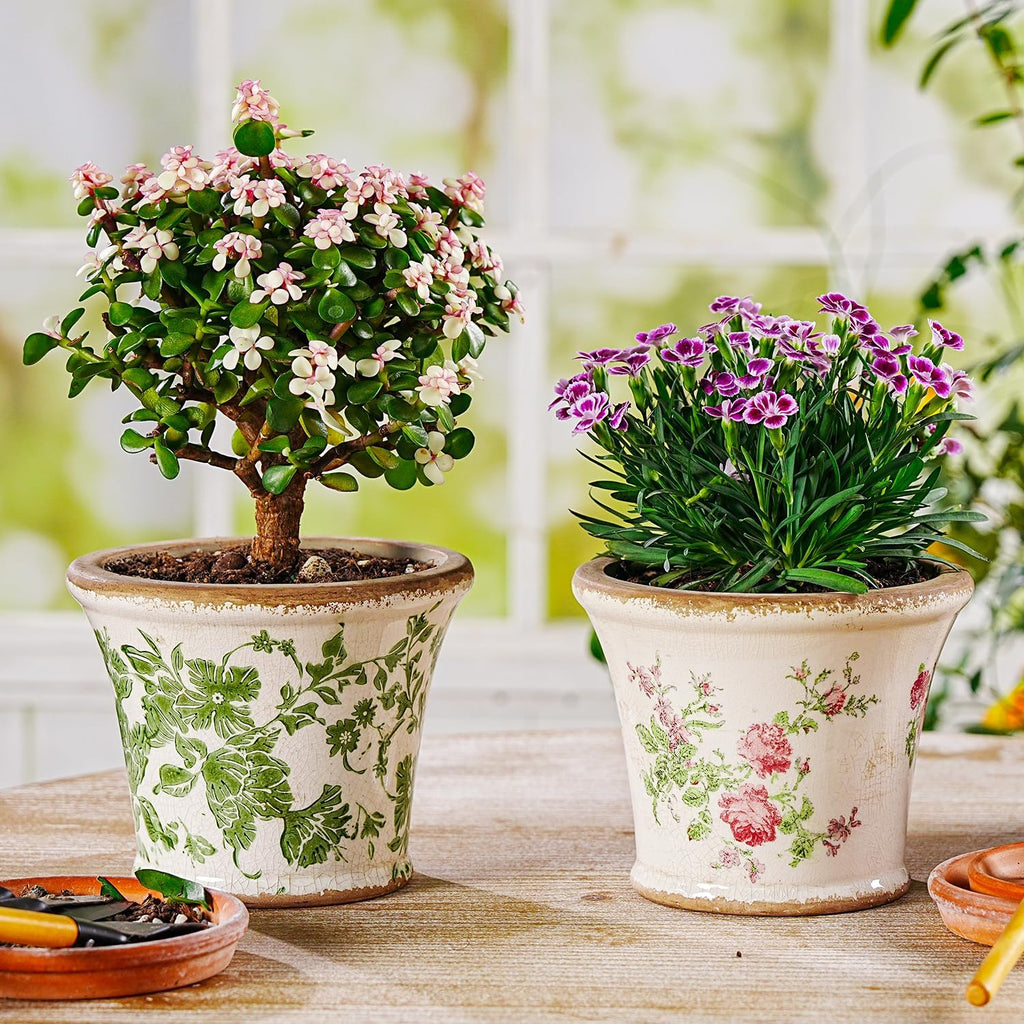 Sungmor Ceramic Flower Pots - 2 Pack, Crackle Glaze & Floral Prints Design | Rustic Farmhouse Planters with Drainage