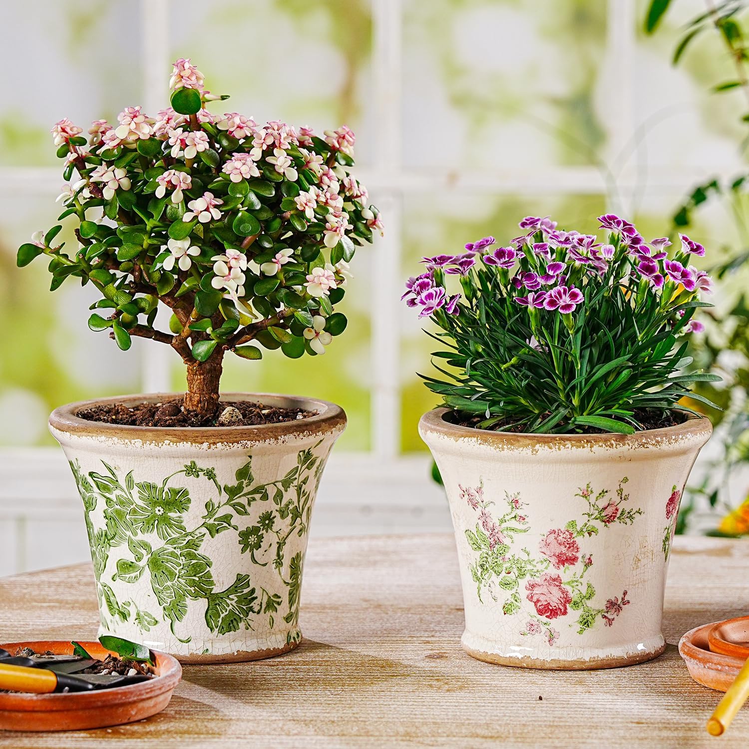 Sungmor Ceramic Flower Pots - 2 Pack, Crackle Glaze & Floral Prints Design | Rustic Farmhouse Planters with Drainage