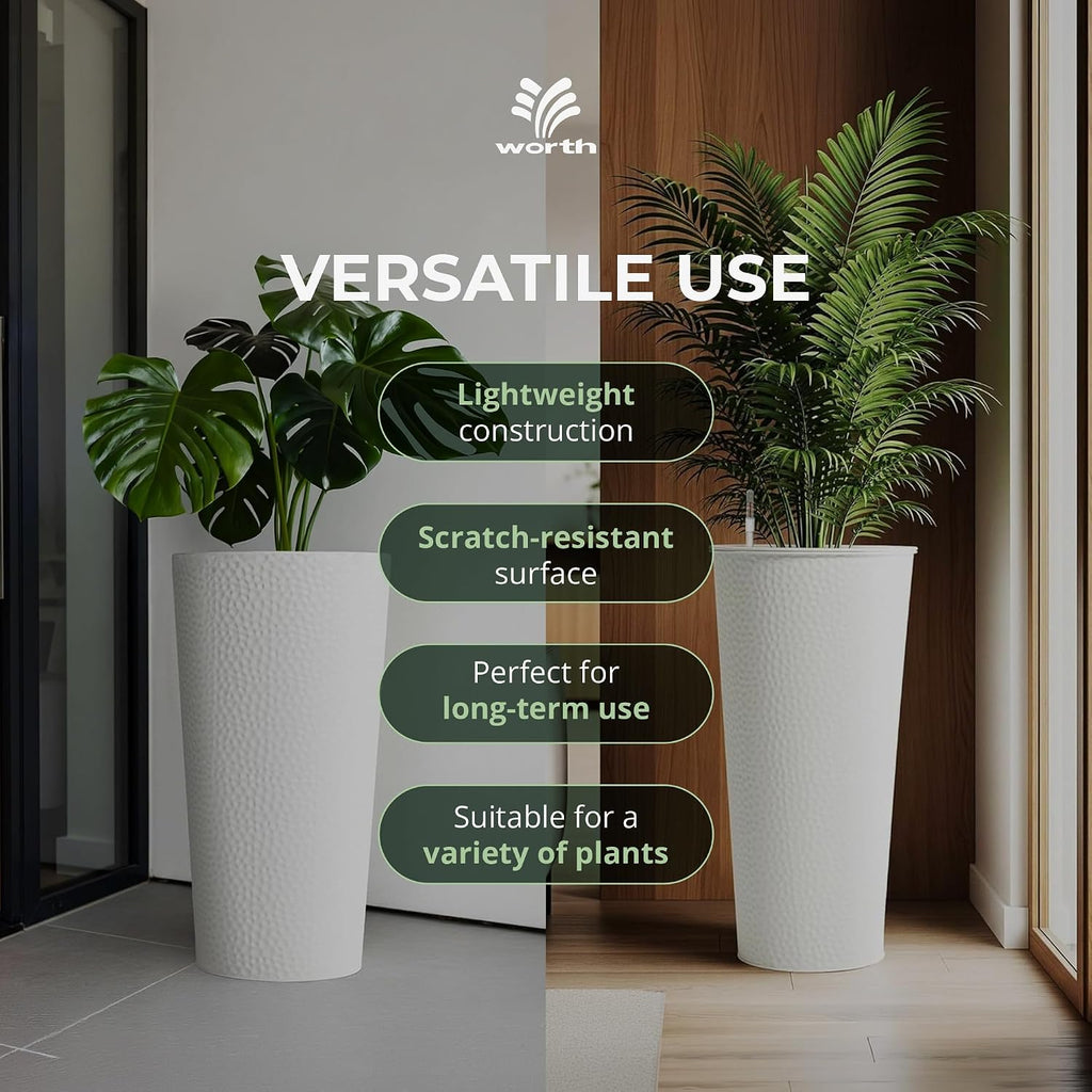 Worth Garden 2-Pack 28" H. Metal Planter with 2X Inside Pots - Hand-Hammered Texture Tall Cone Plant Pots - Large