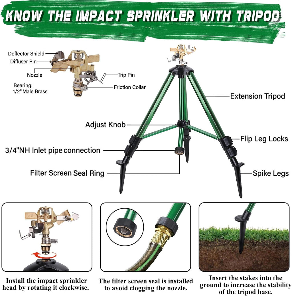 Triumpeek Impact Sprinkler on Tripod Base with Stakes, 1 Count | 360 Degree Large Area Coverage Irrigator, Extension