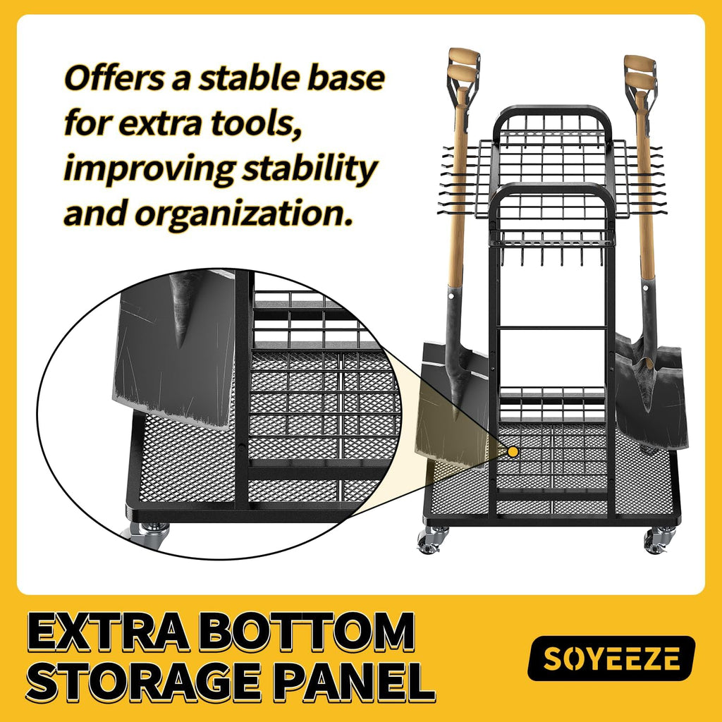 SOYEEZE Garden Tool Organizer with Lockable Wheels, Heavy Duty 3-Tier Yard Tower Tool Rack for Garage, Holds Up to 35