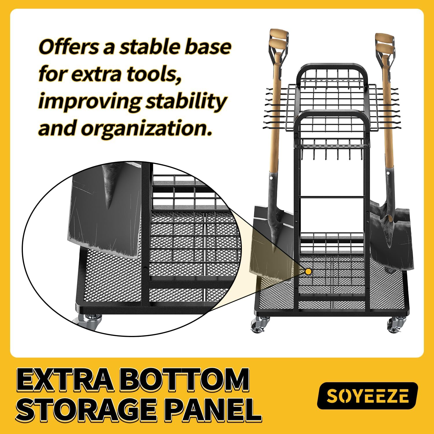 SOYEEZE Garden Tool Organizer with Lockable Wheels, Heavy Duty 3-Tier Yard Tower Tool Rack for Garage, Holds Up to 35