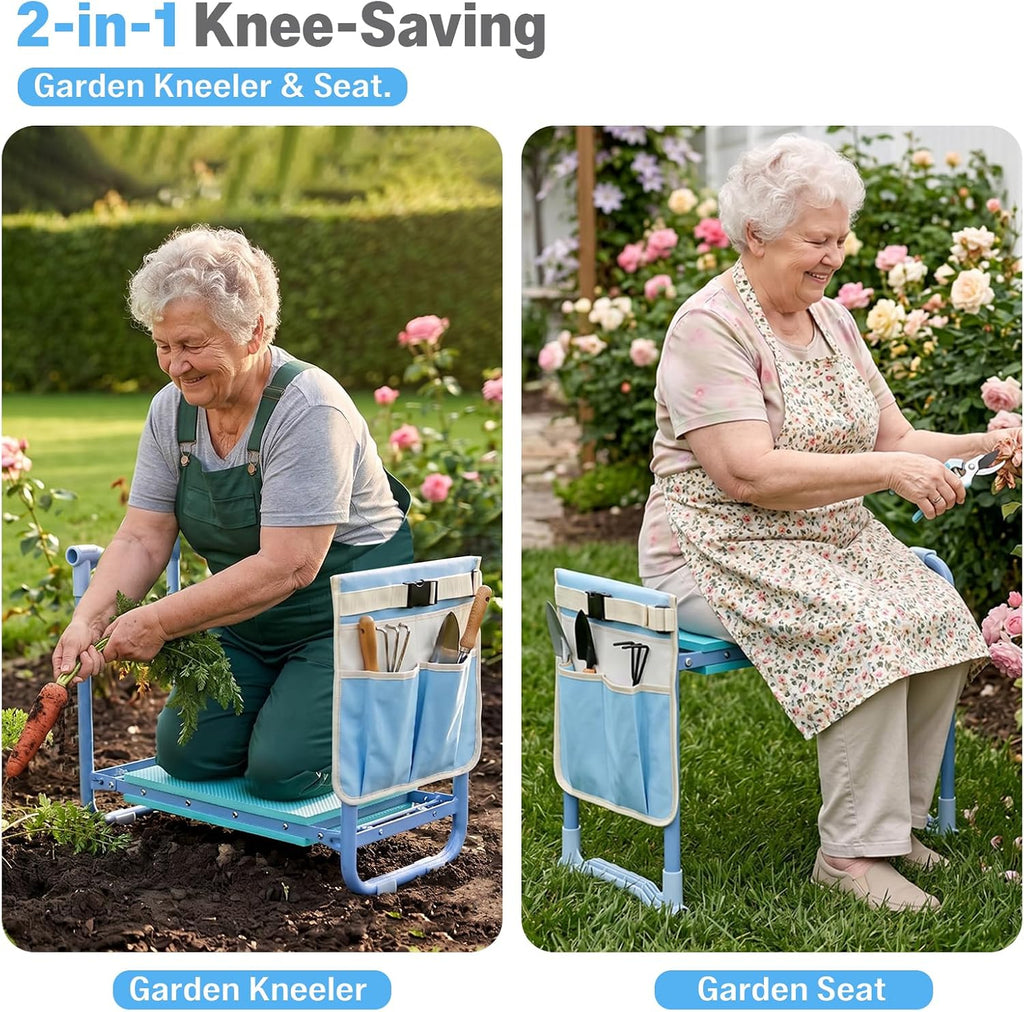 Garden Kneeler and Seat Heavy Duty, Foldable Gardening Stool Bench | With Widened Thick Soft Kneeling Pad & Tool