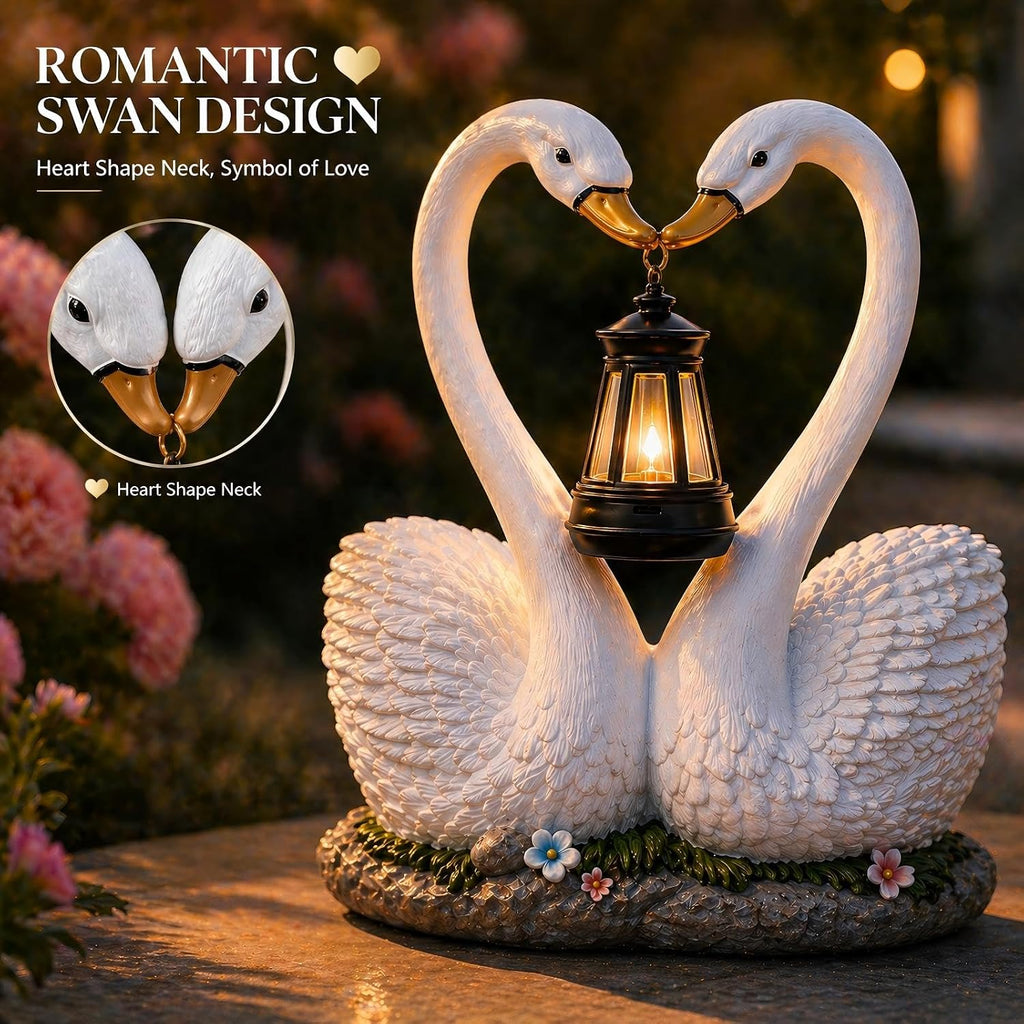 Solar Swan Garden Statue with Hanging Lantern Light, Romantic Swan Couple Outdoor Solar Lights Resin Waterproof Yard