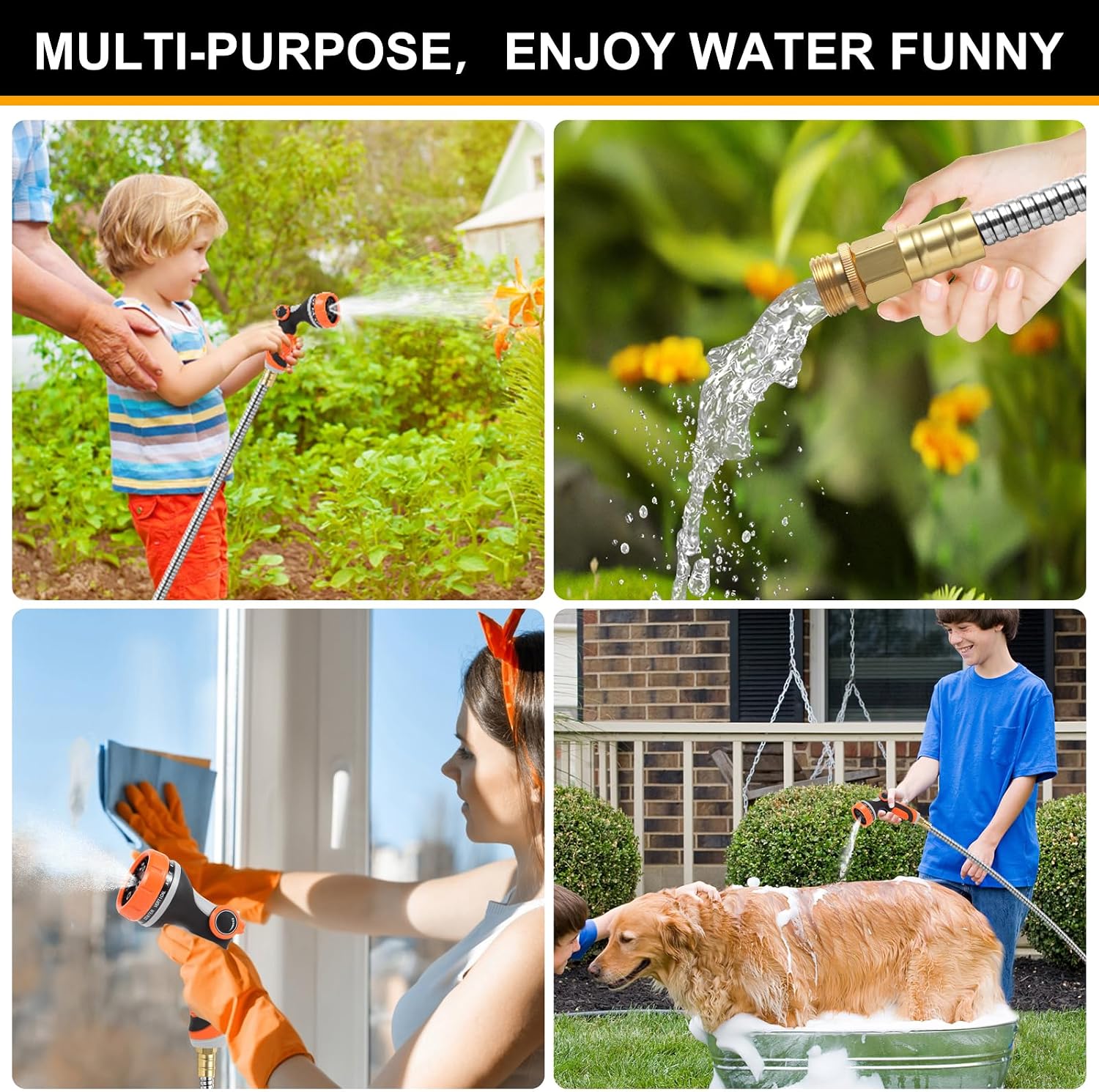 Metal Garden Hose 100 ft, Stainless Steel Water Hose 100ft with 10 Function Nozzle & 3/4 Copper Fitting, Heavy Duty &