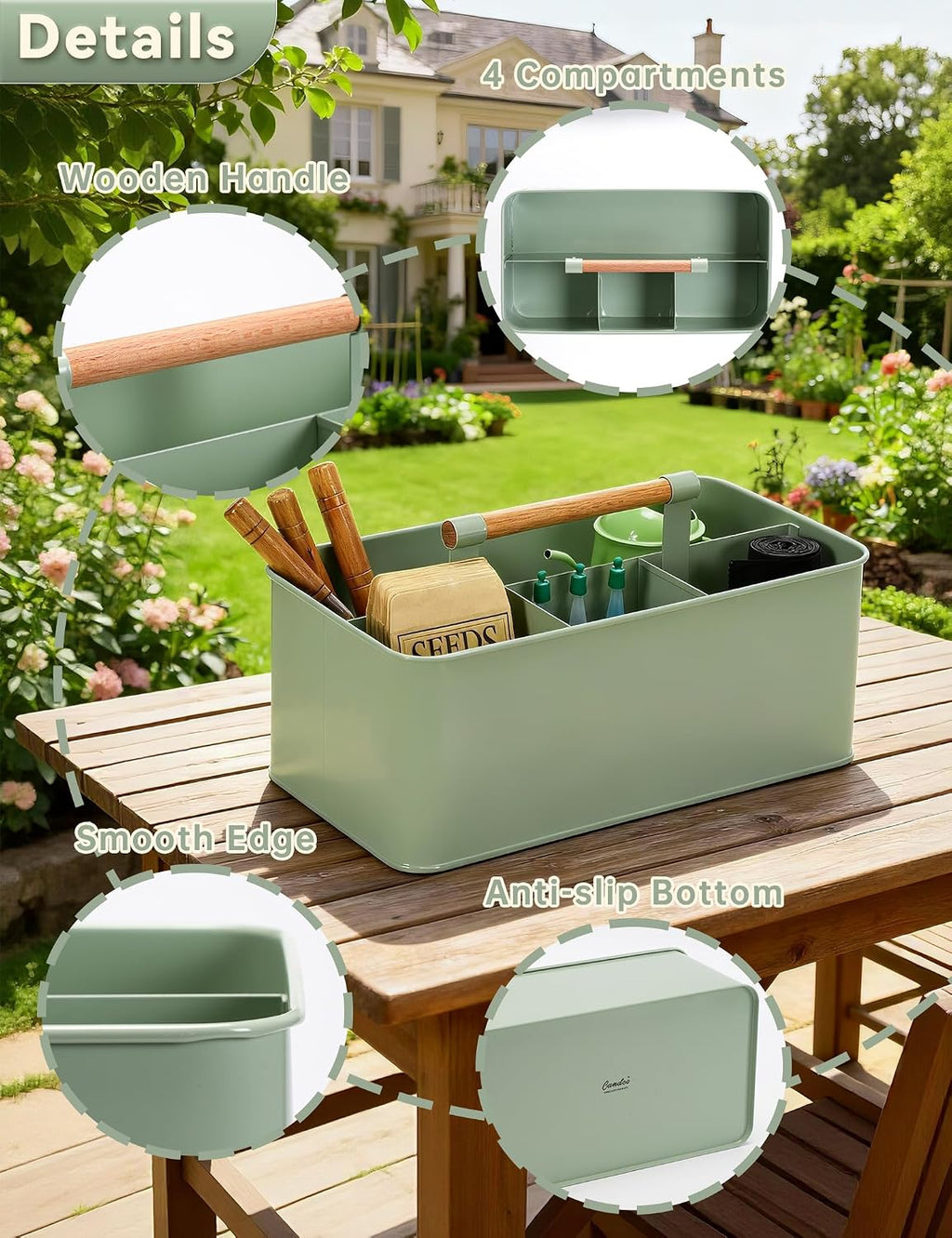 Gardening Tool Caddy, Wooden Handle and 4 Compartments | Metal Green Garden Tool Basket, Large Capacity Garden Caddy