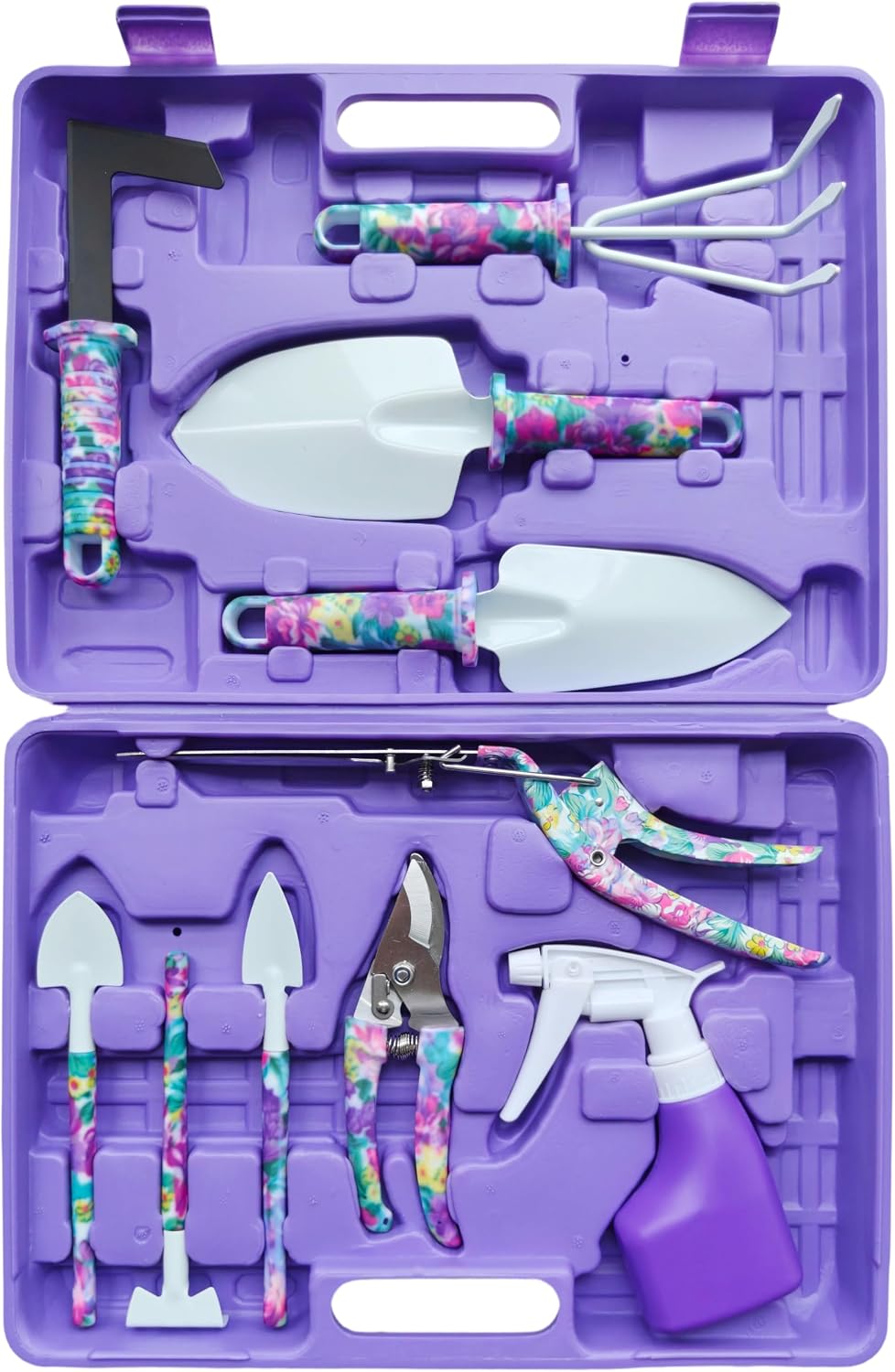 Garden Tools Set, 10 Piece Kit with Trowels, Pruners, Spray Bottle, and Carrying Case (Purple)
