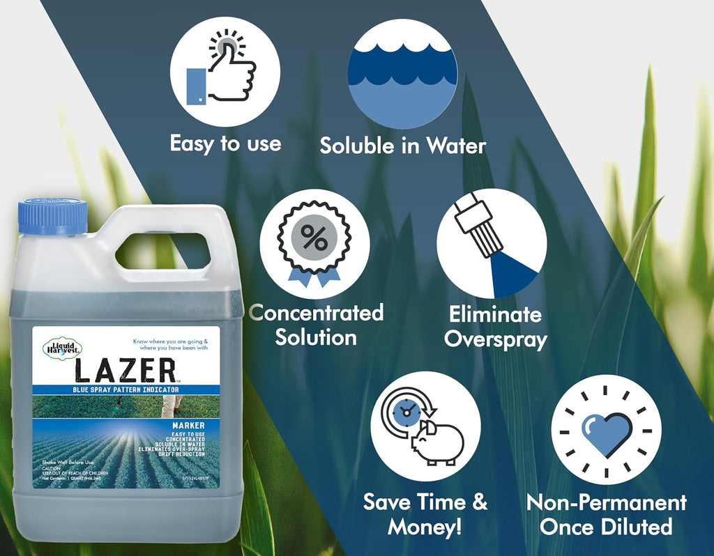 Liquid Harvest Lazer Blue - 32 Ounces - Concentrated Spray Pattern Indicator - Perfect Weed/ Fertilizer Marking Dye