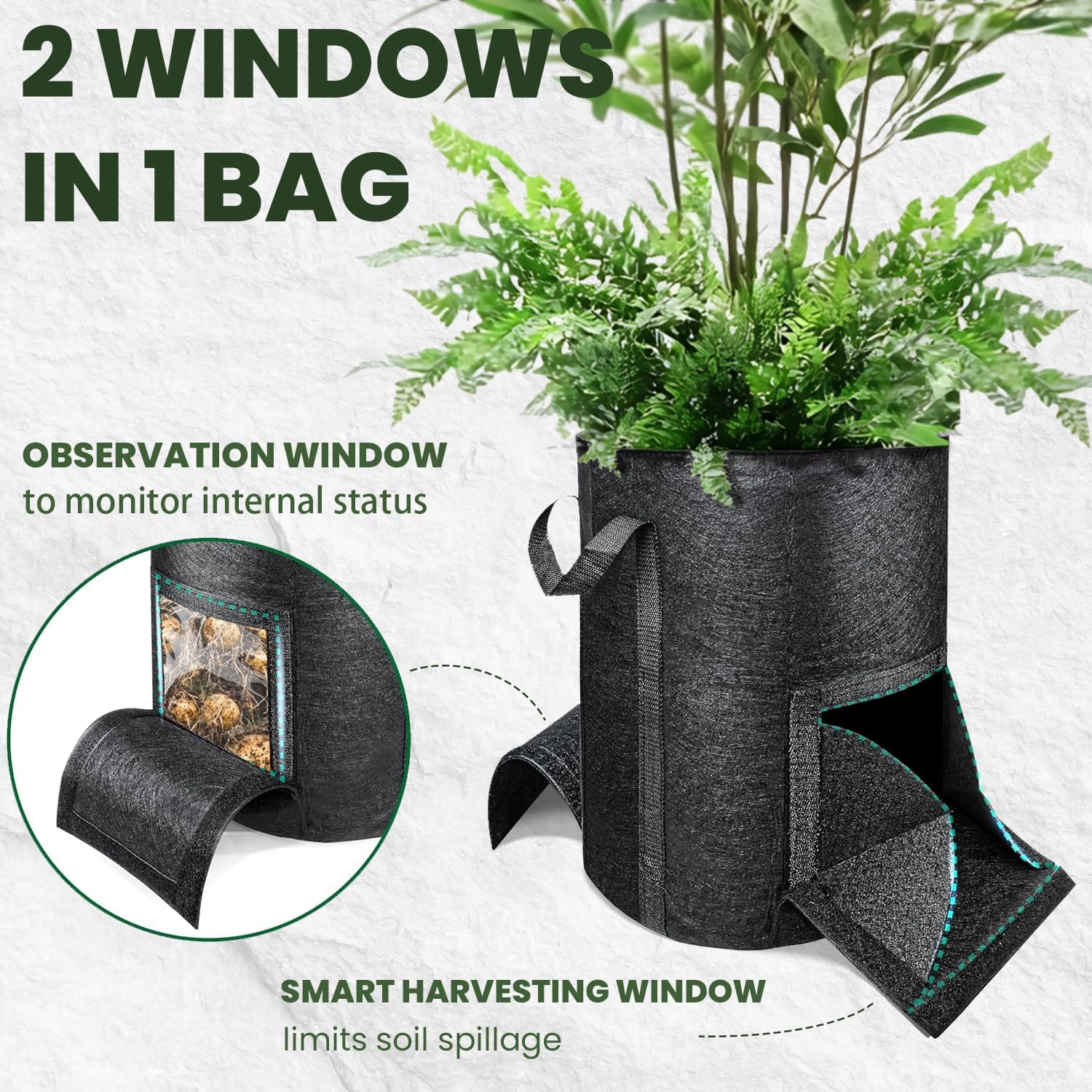 15-Gallon Potato Grow Bags (4 PS) with Unique Leak-Proof Harvesting Window and Transparent Observation Window, Suitable