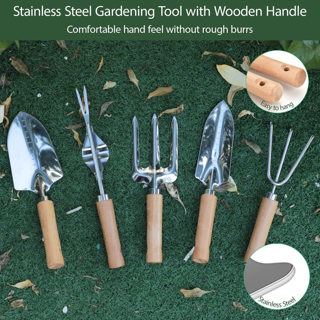 Garden Tool Set, 10 Piece Kit with Heavy Duty Folding Stool, Detachable Storage Tote Bag, Stainless Steel Tools, Gifts