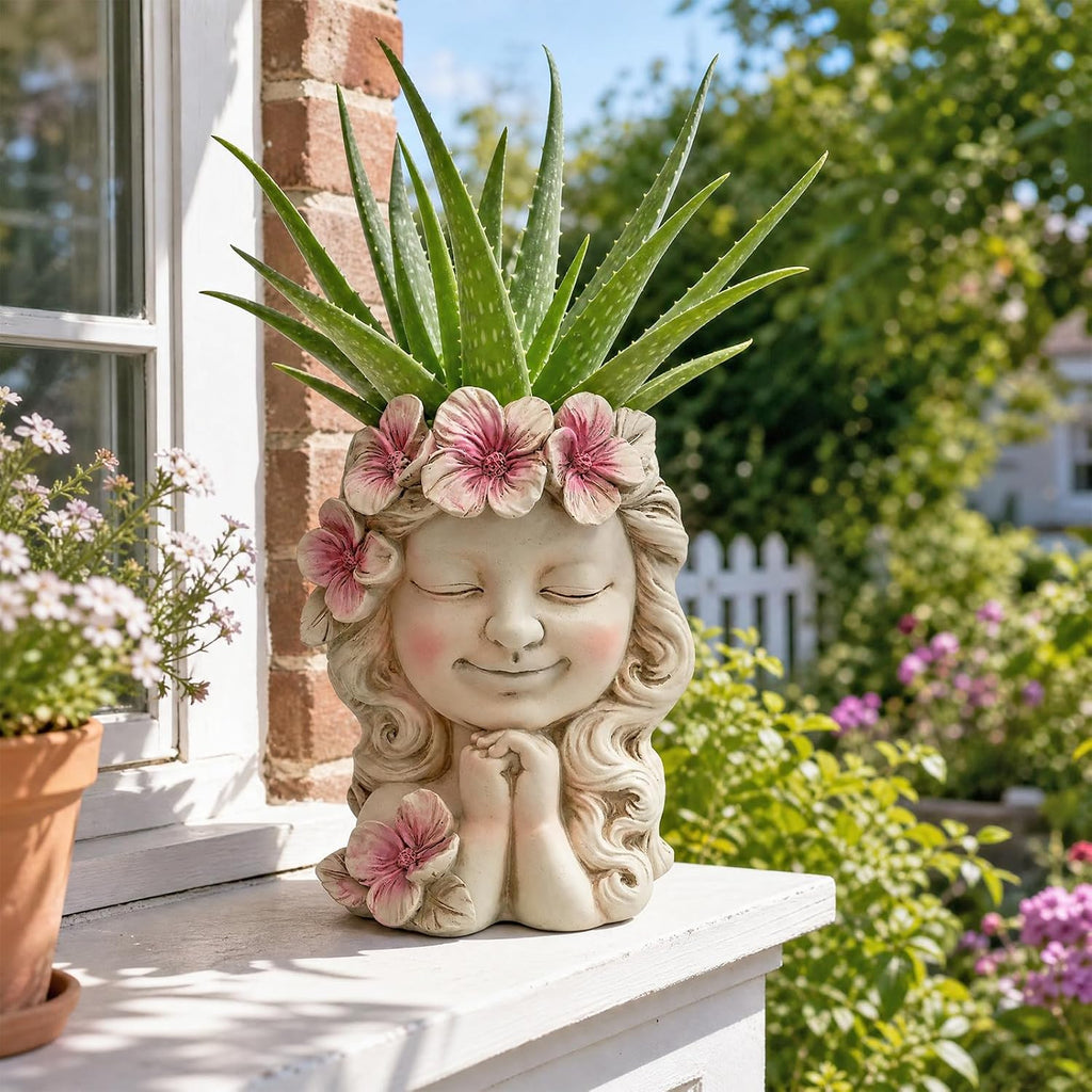 Flower Girl Head Planter Pot, Resin Face Planter for Indoor Outdoor Plants | Cute Succulent Pots, Decorative Plant Pots