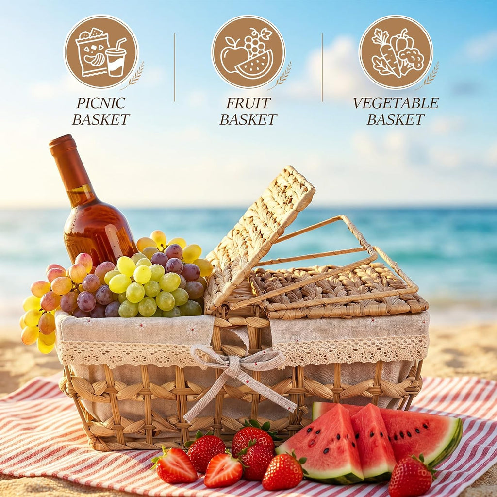 LemonRoad Wicker Picnic Basket with Handle & Lid, 14" Water Hyacinth & Seagrass Hand Woven Basket with Removable Liner