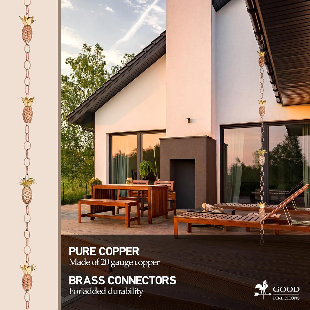 Good Directions 100% Pure Copper Pineapple Rain Chain, 8-1/2 Feet Long, Artistically Designed, Replaces Gutter Downspout