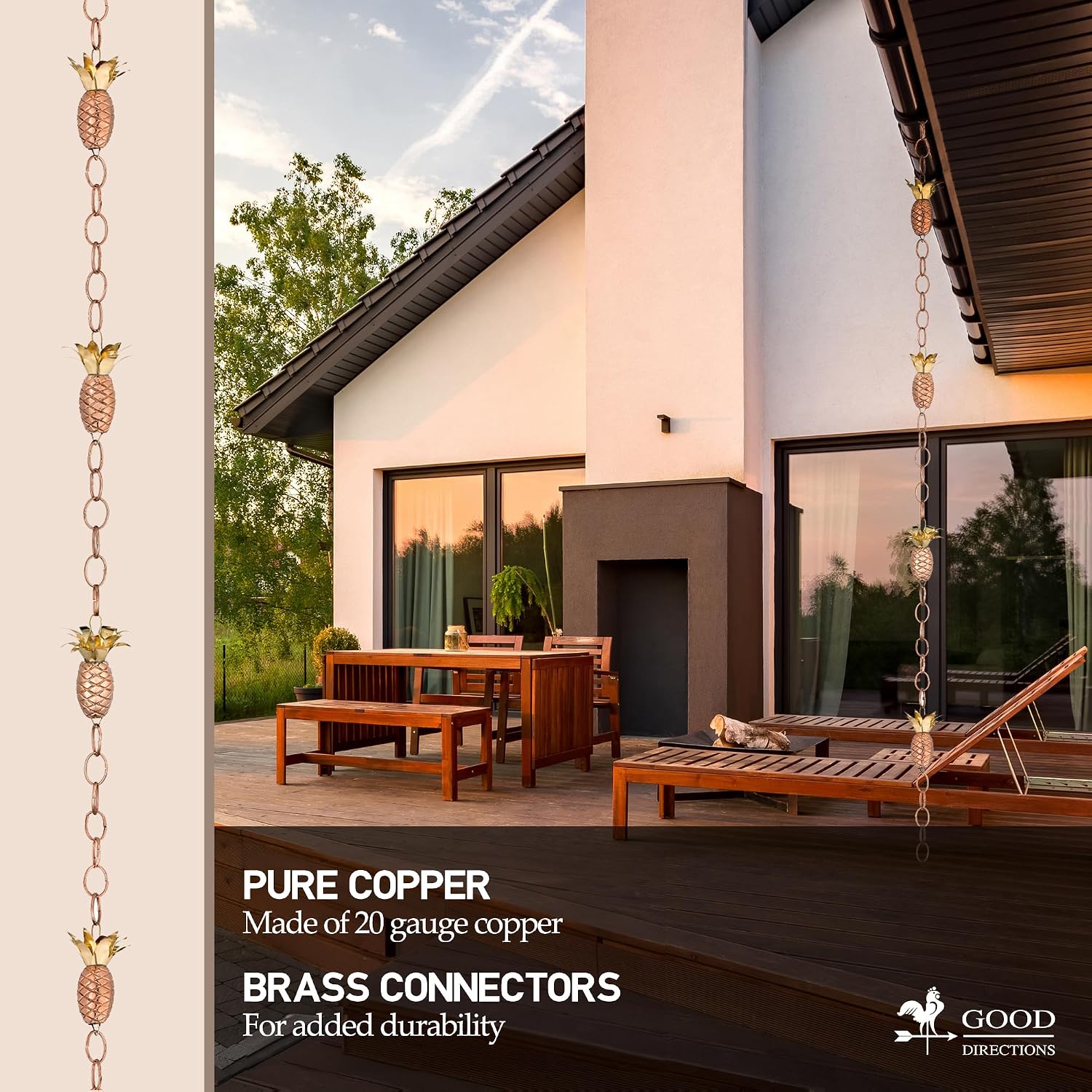 Good Directions 100% Pure Copper Pineapple Rain Chain, 8-1/2 Feet Long, Artistically Designed, Replaces Gutter Downspout