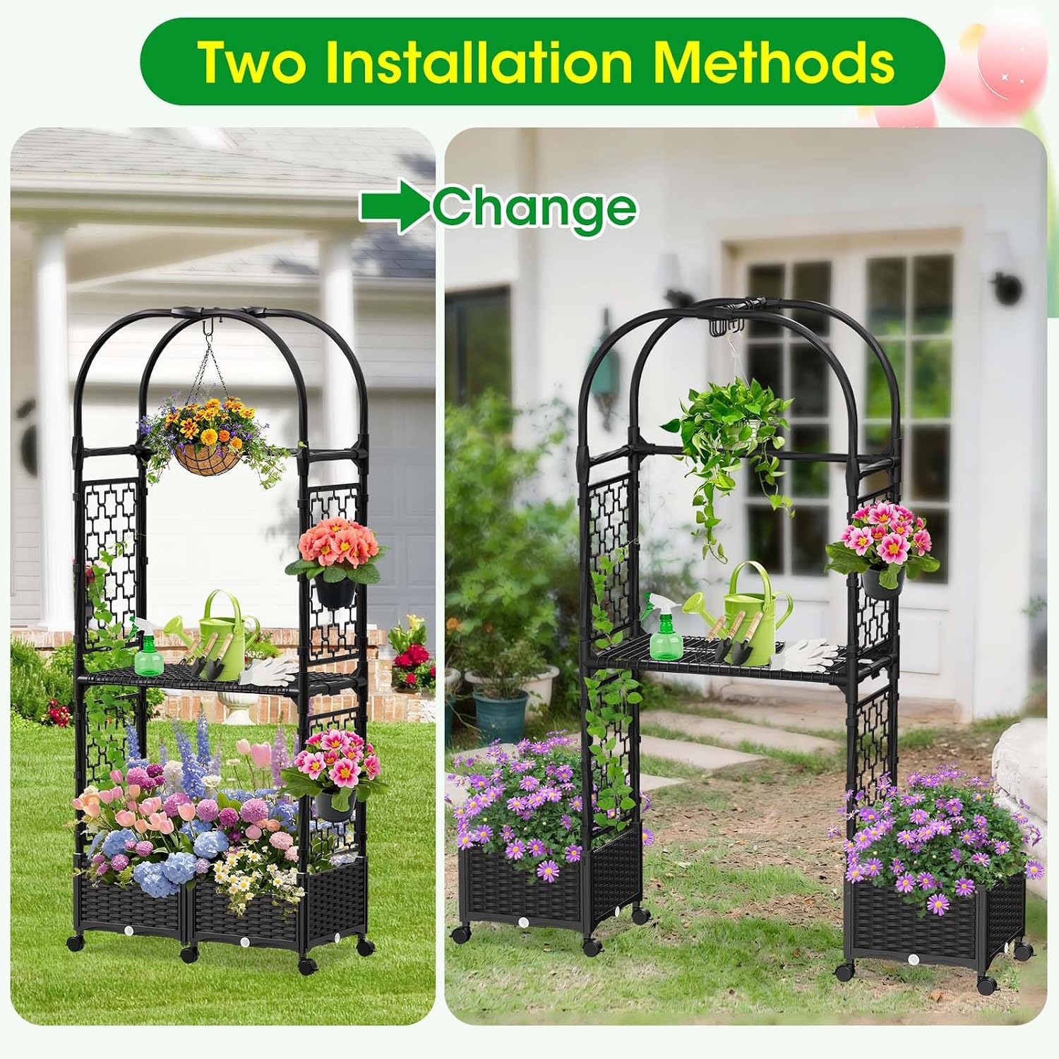 Planter Box with Trellis,5.9ft/71in Self Watering Raised Garden Bed with Wheels and Storage Shelf,Drainage Holes,for