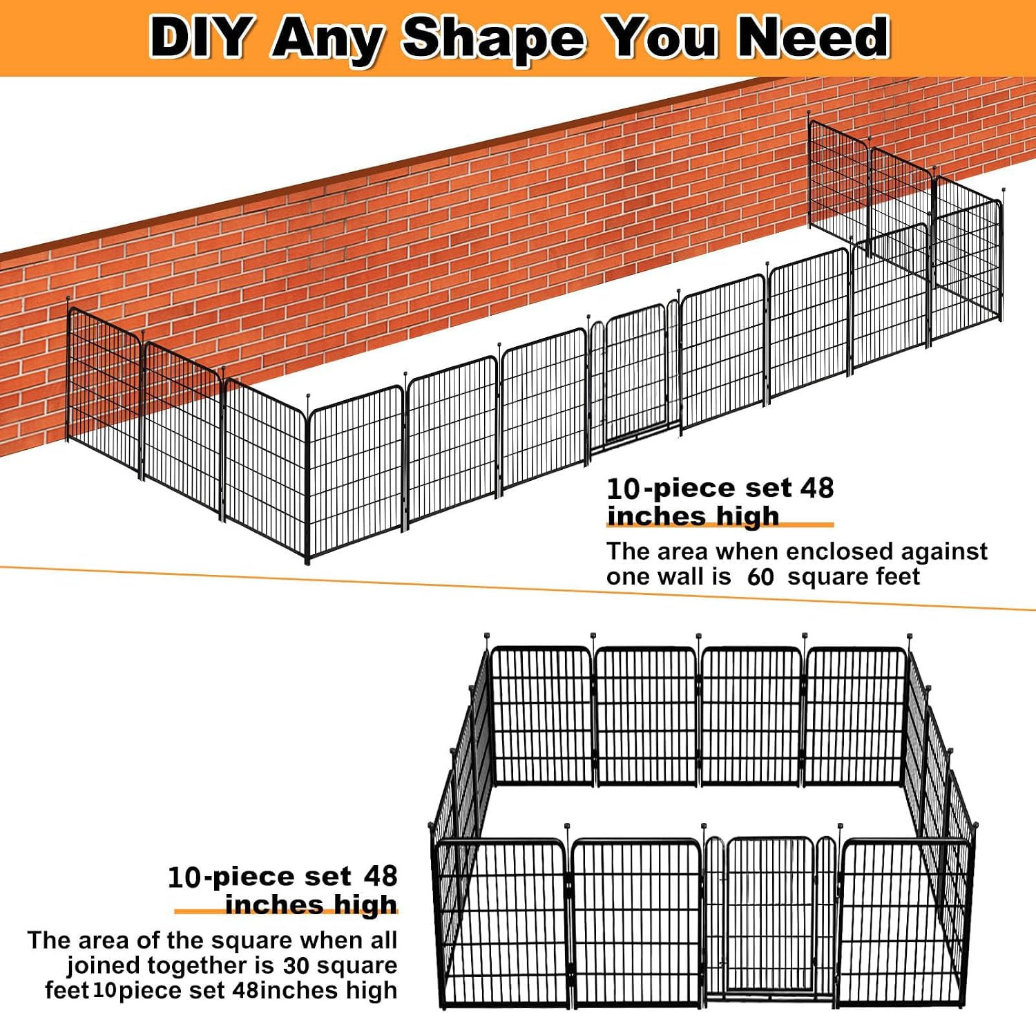 48 in(H) Decorative Garden Fence with Gate,8 Panels Total 17.7 Ft(L) Heavy Duty Iron Animal Barrier Fence for