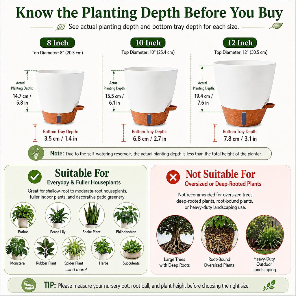8/10/12 Inch Self Watering Pots for Indoor/Outdoor Plants | Large Plastic Planter with Drainage Holes, Water Level