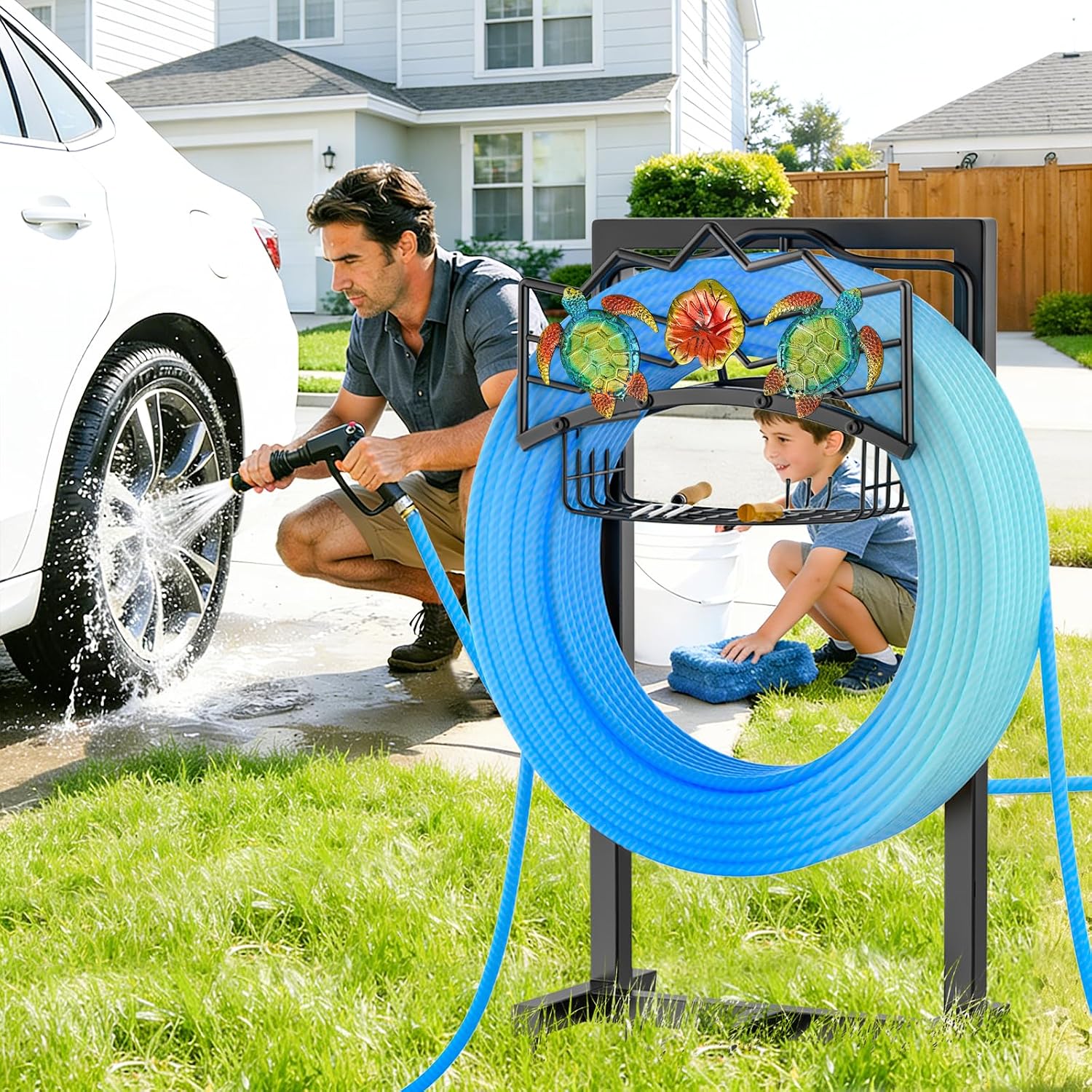 Garden Water Hose Holder 5 Spikes, Freestanding Hose Stand for Outside Yard | Water Hose Reel Stand with Storage Basket