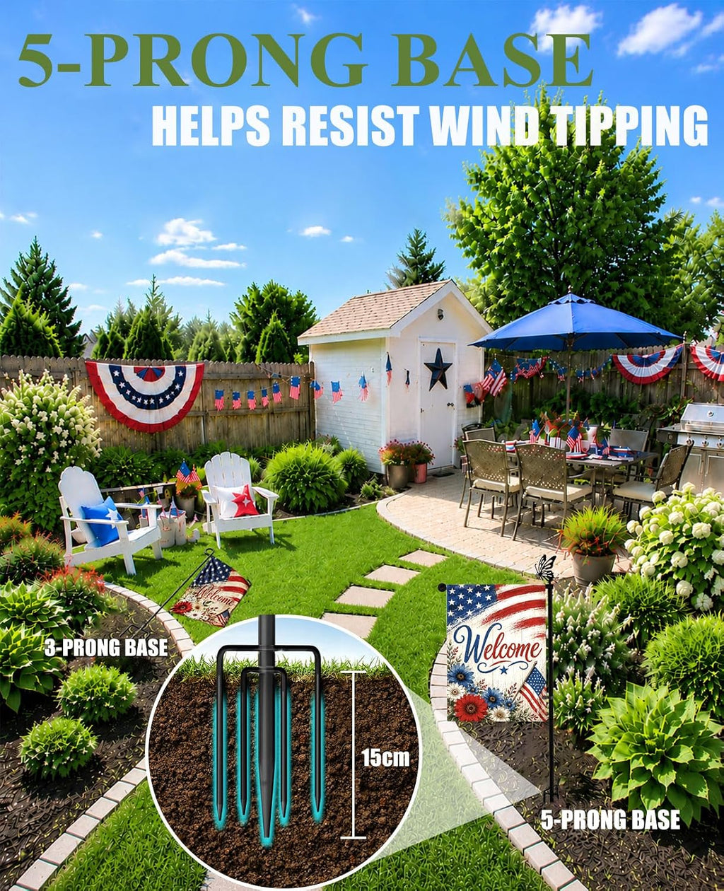 Garden Flag Holder for Outside, 5 Prong Base Small Flag Stand | Reinforced Threaded Connection, Heavy Duty Yard Flag