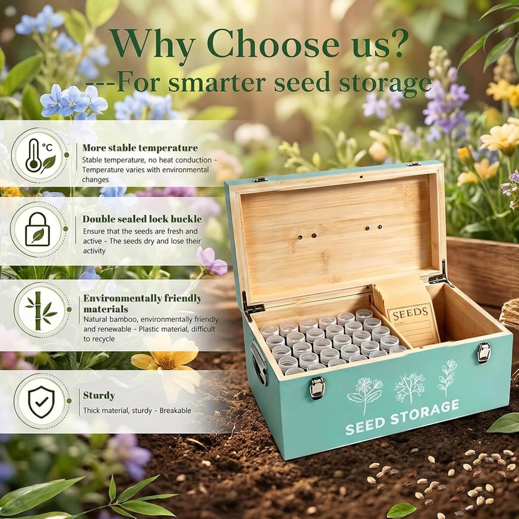 60 Slots Seed Storage Organizer, Bamboo Seed Box with Lid and Safety Locks | Bamboo, Strong Seal, Completely Blocks