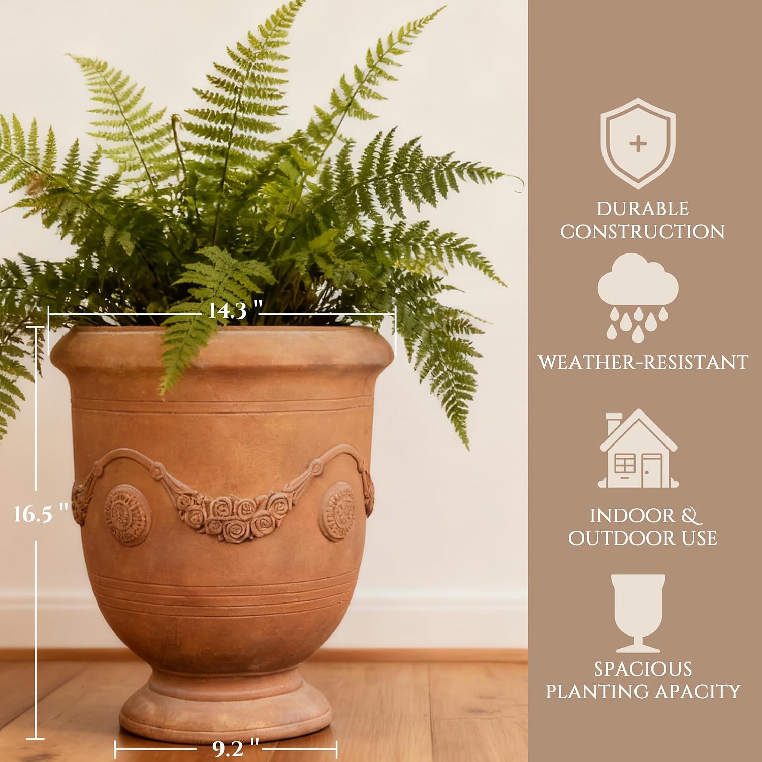 Planters for Indoor & Outdoor Plants, 16.5 Inch Large Magnesium Oxide Urn Planter with Drainage Hole, Decorative Unique