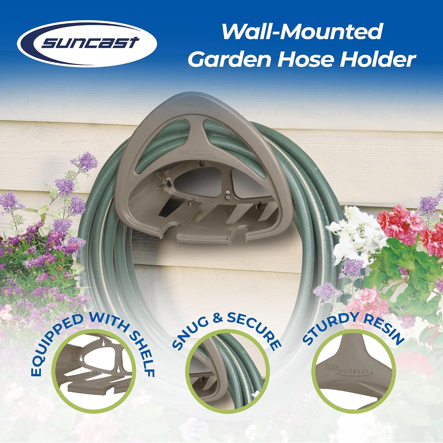 Suncast 2 Pack Hangout HH150 Outdoor Wall Mounted Durable Resin Garden Hose Holder with Accessories Shelf, Designed for