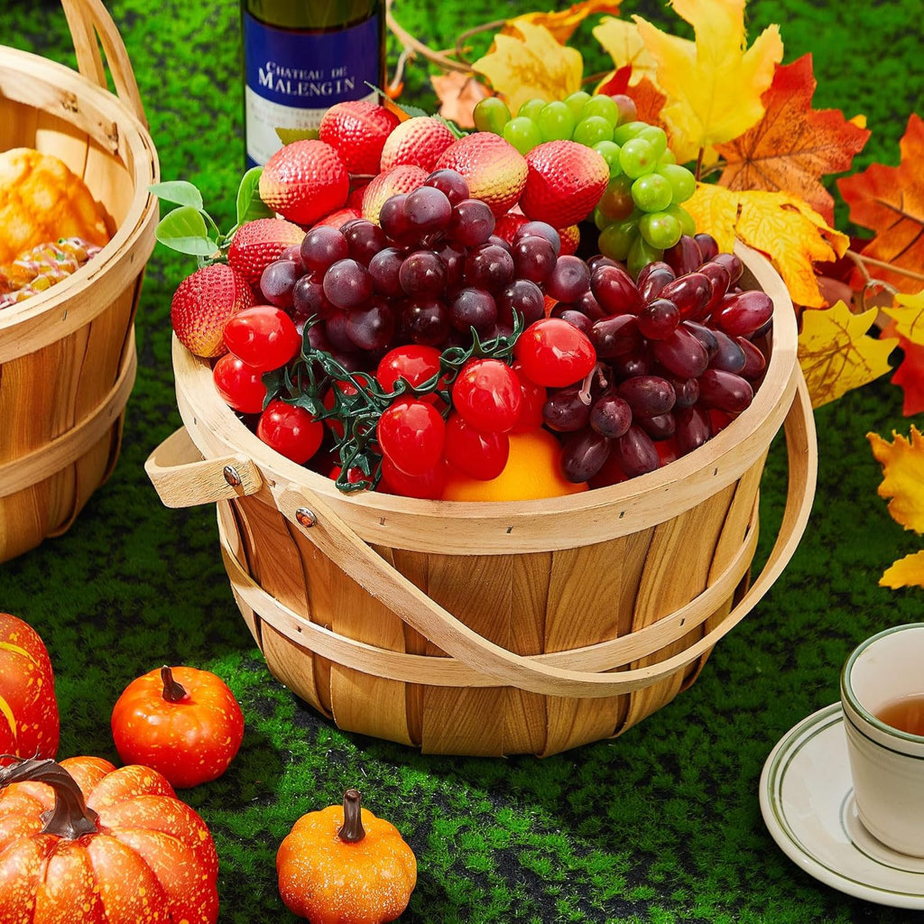 Marsui 10 Pcs Large Wooden Apple Basket 11 x 6.5'' Round Wicker Bushel Baskets with Handle, Farmers Market Basket for