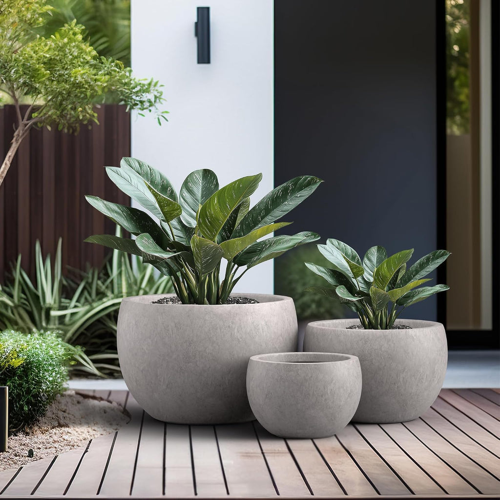 Kante Set of 3 CON Gray Concrete Bowl Planters 19.9" 15.7" 11.8" Dia | Drainage for Outdoor, Rubber Plug for Indoor