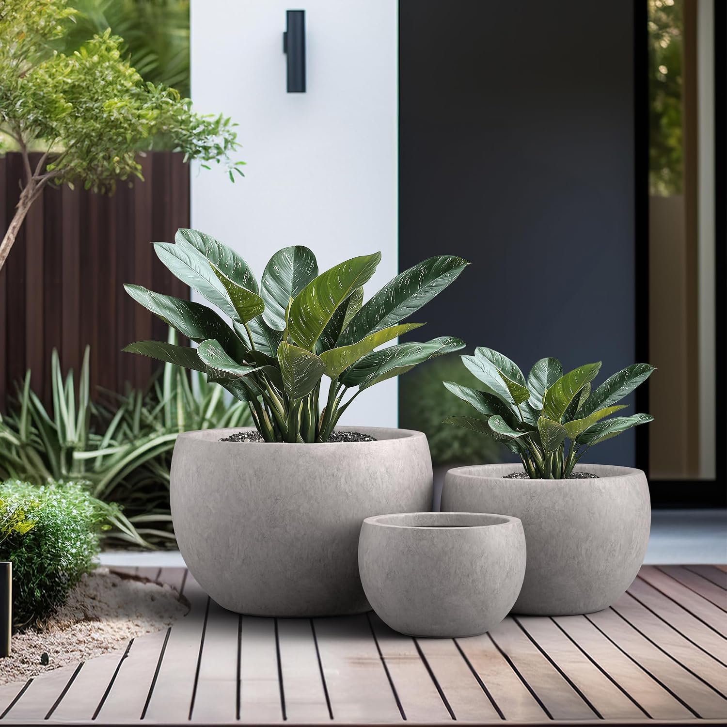 Kante Set of 3 CON Gray Concrete Bowl Planters 19.9" 15.7" 11.8" Dia | Drainage for Outdoor, Rubber Plug for Indoor
