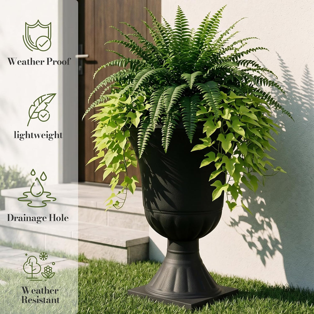 Worth Garden 2-Pack Plastic Urn Planters for Outdoor Plants, 22'' Black Tall Round Classic Resin Traditional Flower