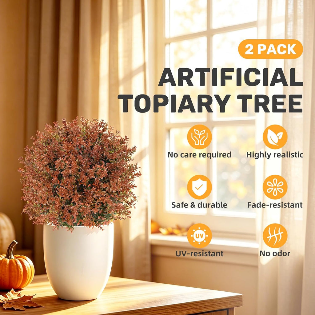 2Pack Artificial Fall Lavender Topiary Ball Trees,UV Resistant | Fake Bushes Shrubs with Ground Spike, Autumn Faux
