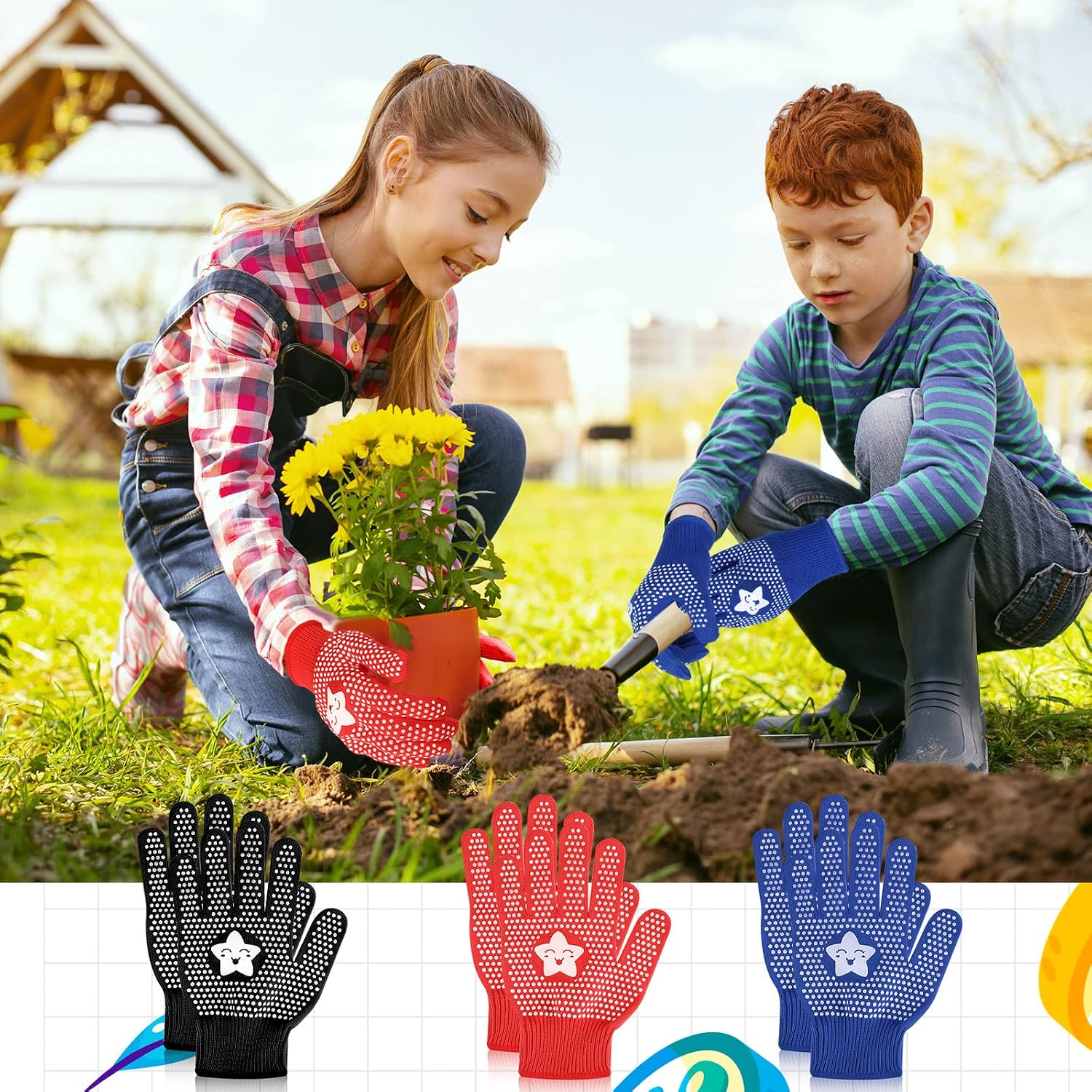 Jeyiour 50 Pairs Kids Gardening Gloves Children Non Slip Rubber Coated Gardening Kids Yard Gloves