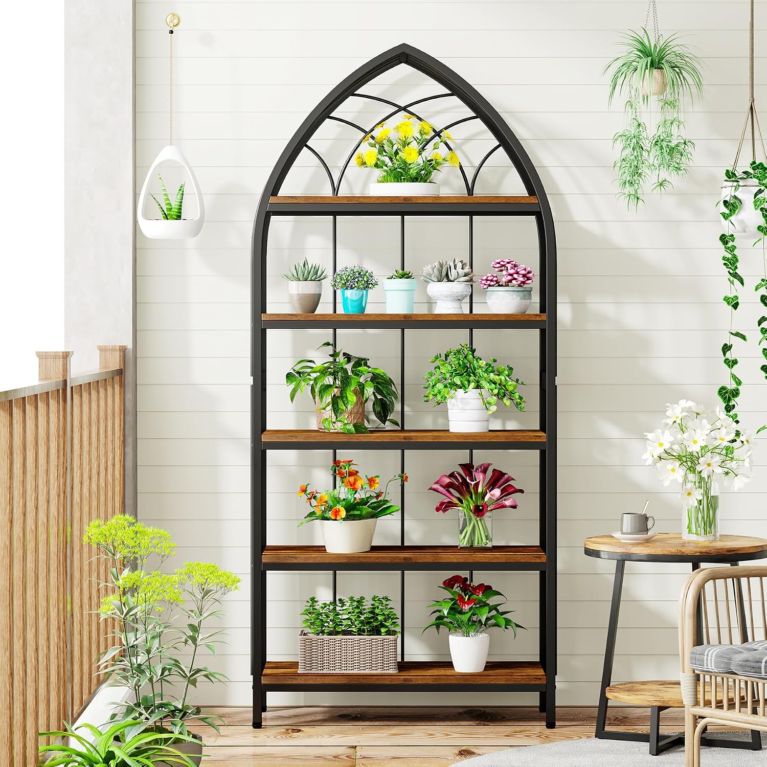 Tribesigns 5-Tier Indoor Plant Stand, 74.8-Inch Tall, Industrial Wood & Metal Plant Shelf for Indoor, Balcony, Garden