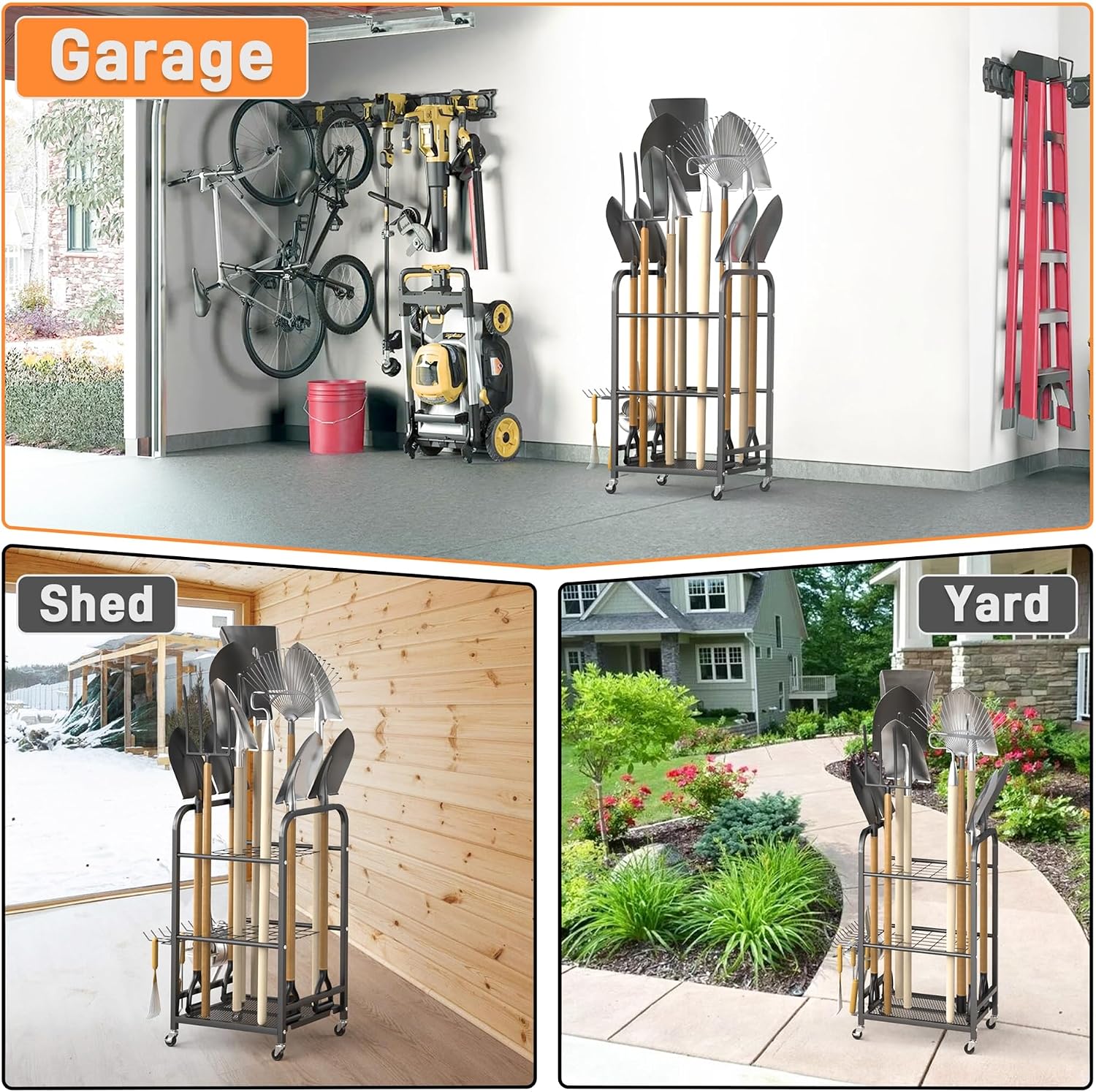 TORACK Garden Tool Organizer Stand with Wheels, Rakes Shovels Yard Tools Stand for Garage, Shed, Garden, Indoor/Outdoor