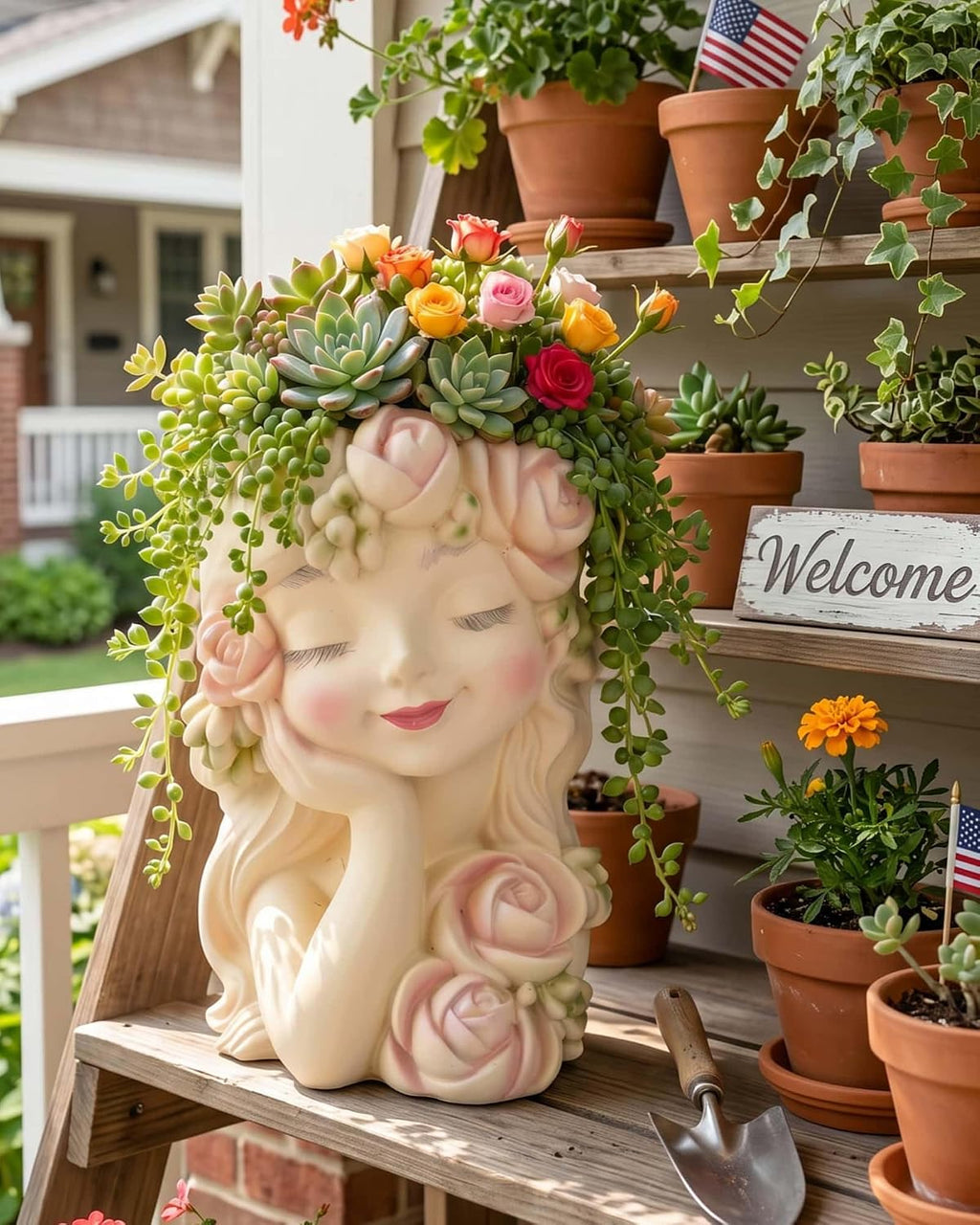 Decorative Garden Fairy Head Planter - Resin Flower Pot, Succulent Planter Holder, Tall Face Planters Pots, Phrenology