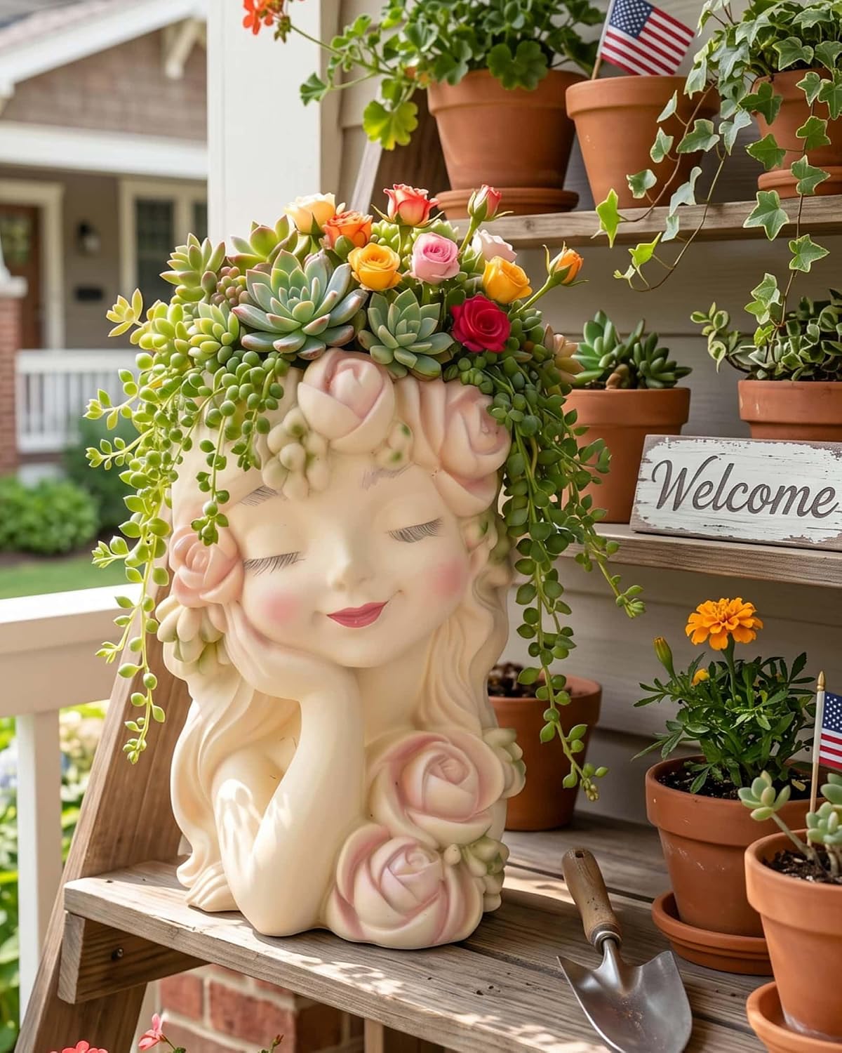 Decorative Garden Fairy Head Planter - Resin Flower Pot, Succulent Planter Holder, Tall Face Planters Pots, Phrenology