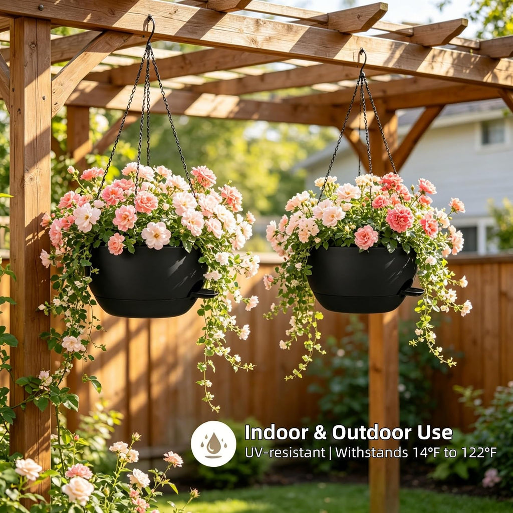 12" Self Watering Hanging Planters with Chains, Black, 2 Pack | 43 Oz removable self-watering reservoir, for