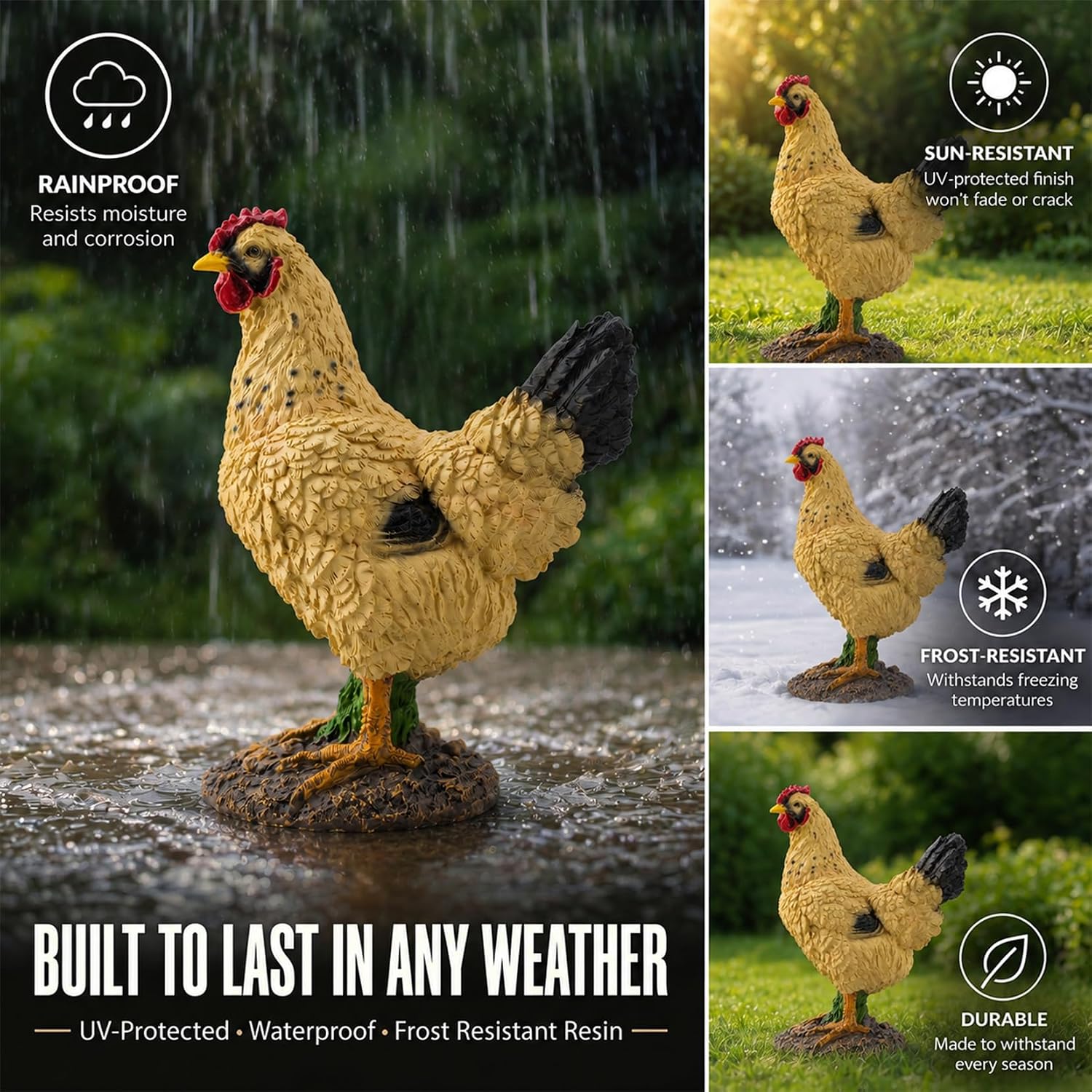 Outdoor Yellow Hen Statue for Garden, Yard & Flower Bed Decor | Weather-Resistant Resin, Chicken Figurine Adds