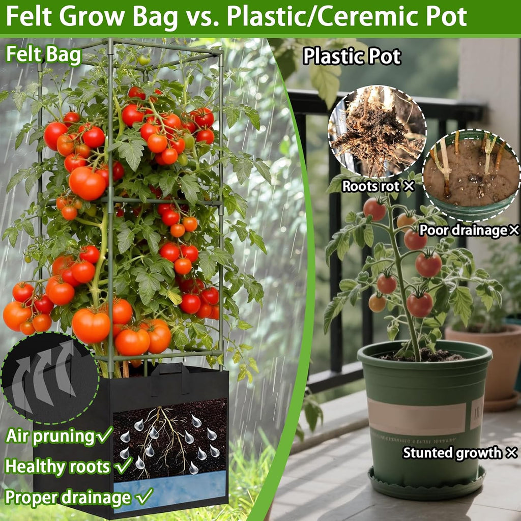 Tomato Cages for Garden, Tomato Planter with Trellis, 48in Tall Square Tomato Trellis with 18 Gallon Grow Bags, Patio &