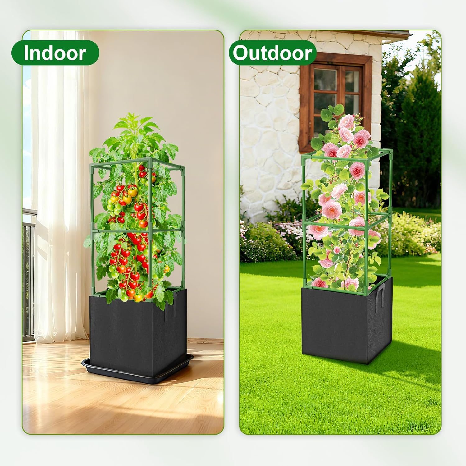 3 Pack Tomato Cages, Square Tomato Trellis with 17 Gallon Grow Bags,47IN Tall Heavy Duty Tomato Plant Support Stakes