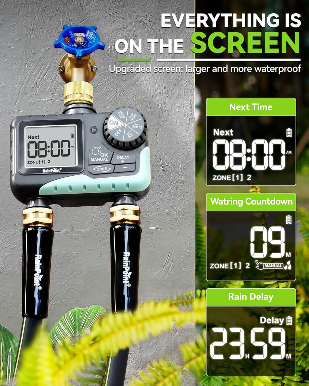 RAINPOINT Water Timer for Garden Hose - Sprinkler Timer with Brass Swivel - Rain Delay/Manual Watering/Automatic
