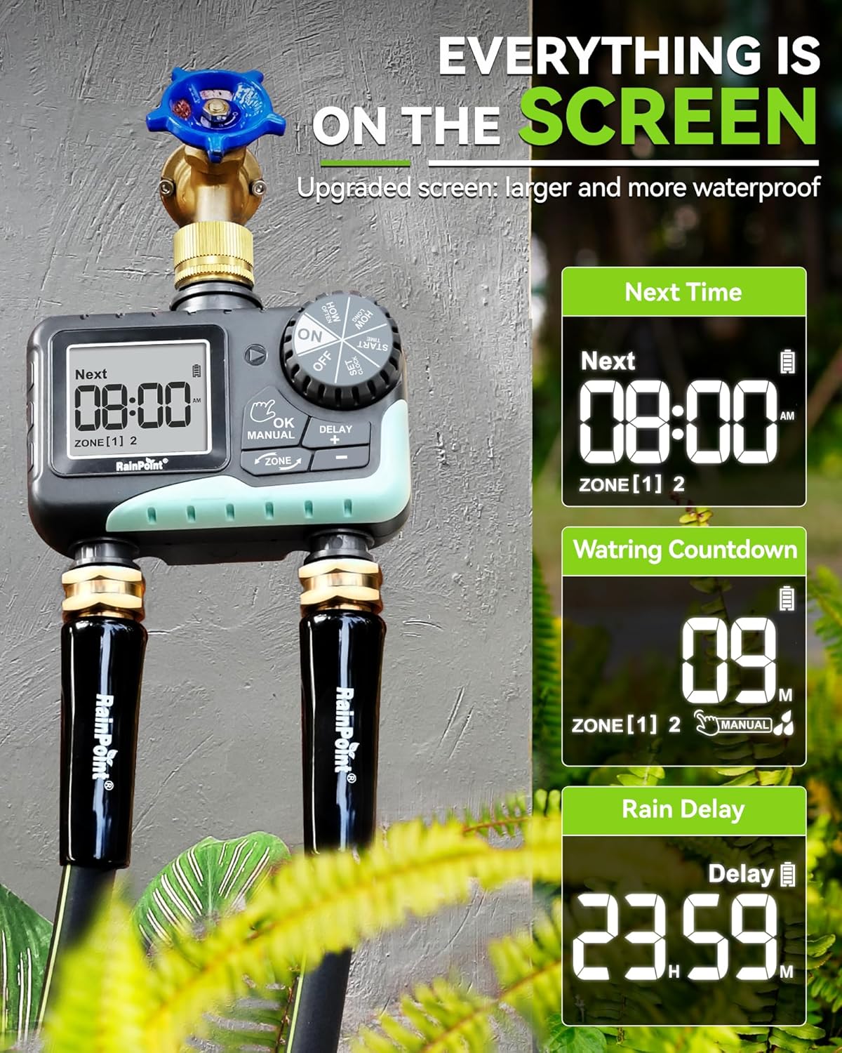 RAINPOINT Water Timer for Garden Hose - Sprinkler Timer with Brass Swivel - Rain Delay/Manual Watering/Automatic