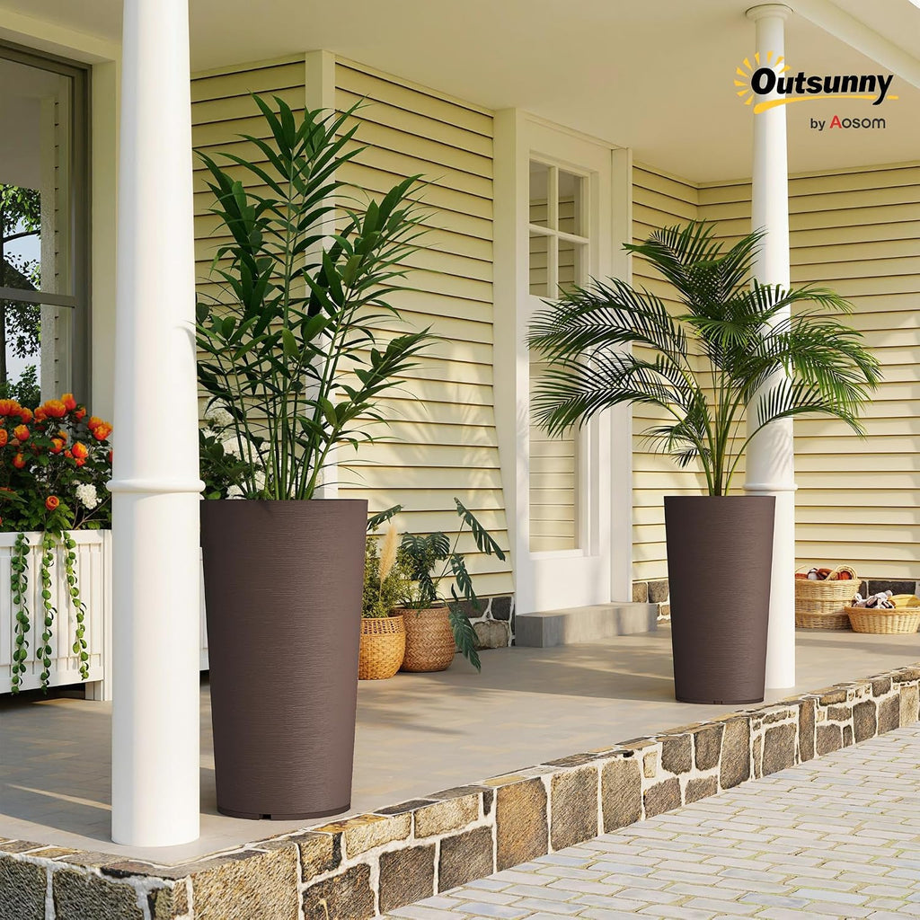 Outsunny 29 Inch Tall Planters for Outdoor Plants Set of 2, Brown | Plastic Flower Pots, DIY Drainage Holes, Stackable