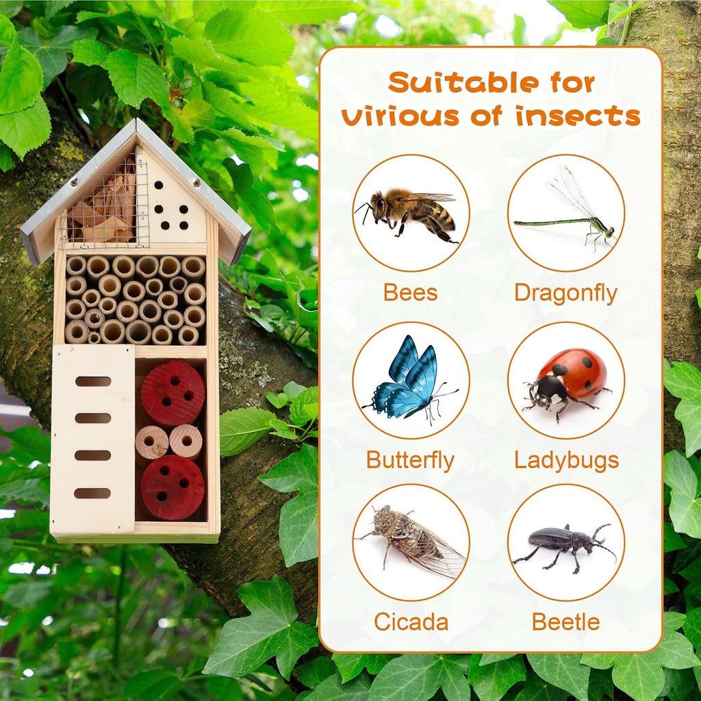 Maitys 3 Pcs Wooden Mason Insect Bee Hotel Butterfly House Natural Ladybug House Bug Hotel for Garden Outdoor Butterfly