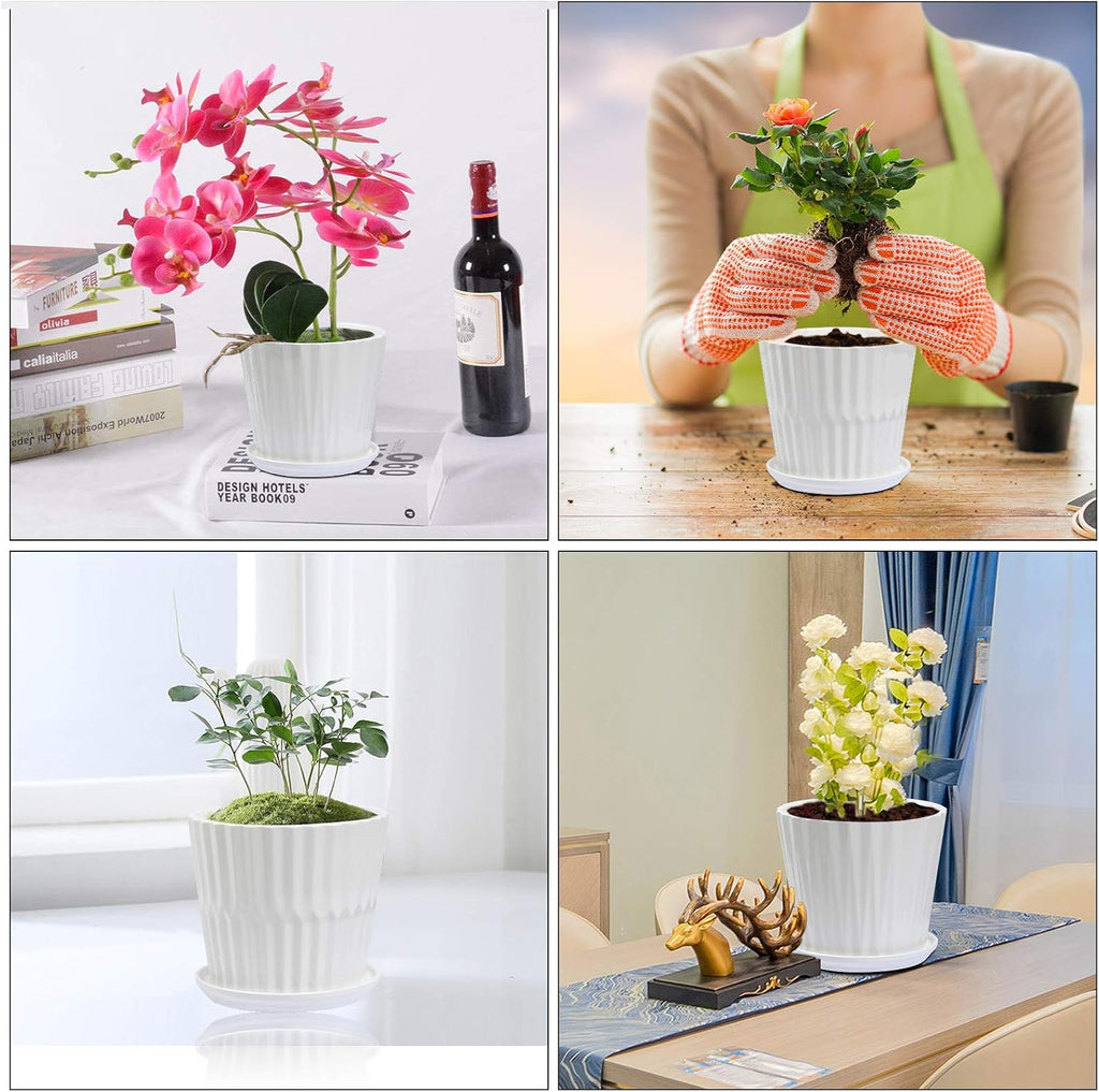 sietpoek 6.7” Ceramic Plant Pots with Drainage and Saucer 2PCs White | White Ceramic Flower Pots with Drainage Hole and