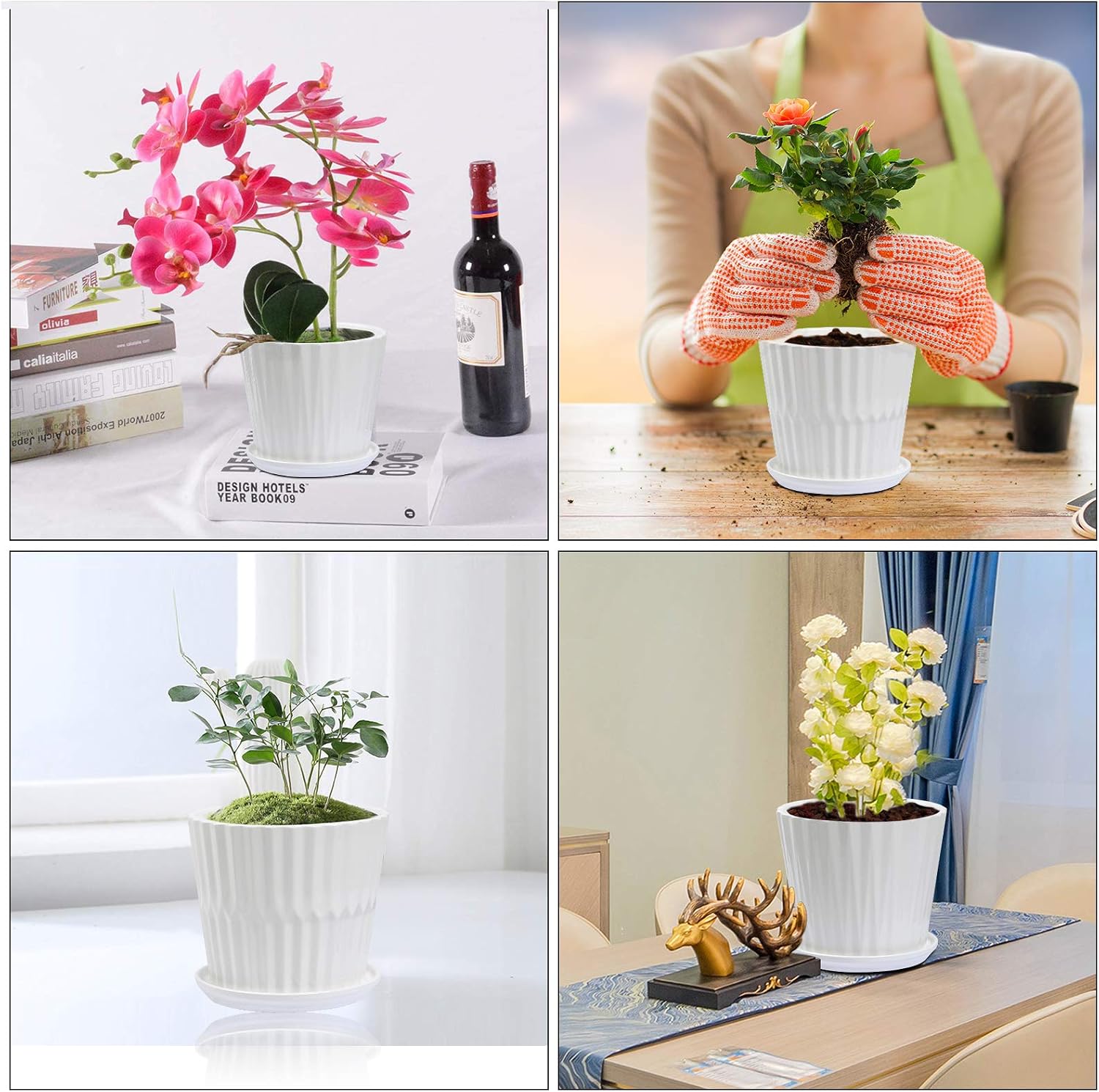 sietpoek 6.7” Ceramic Plant Pots with Drainage and Saucer 2PCs White | White Ceramic Flower Pots with Drainage Hole and