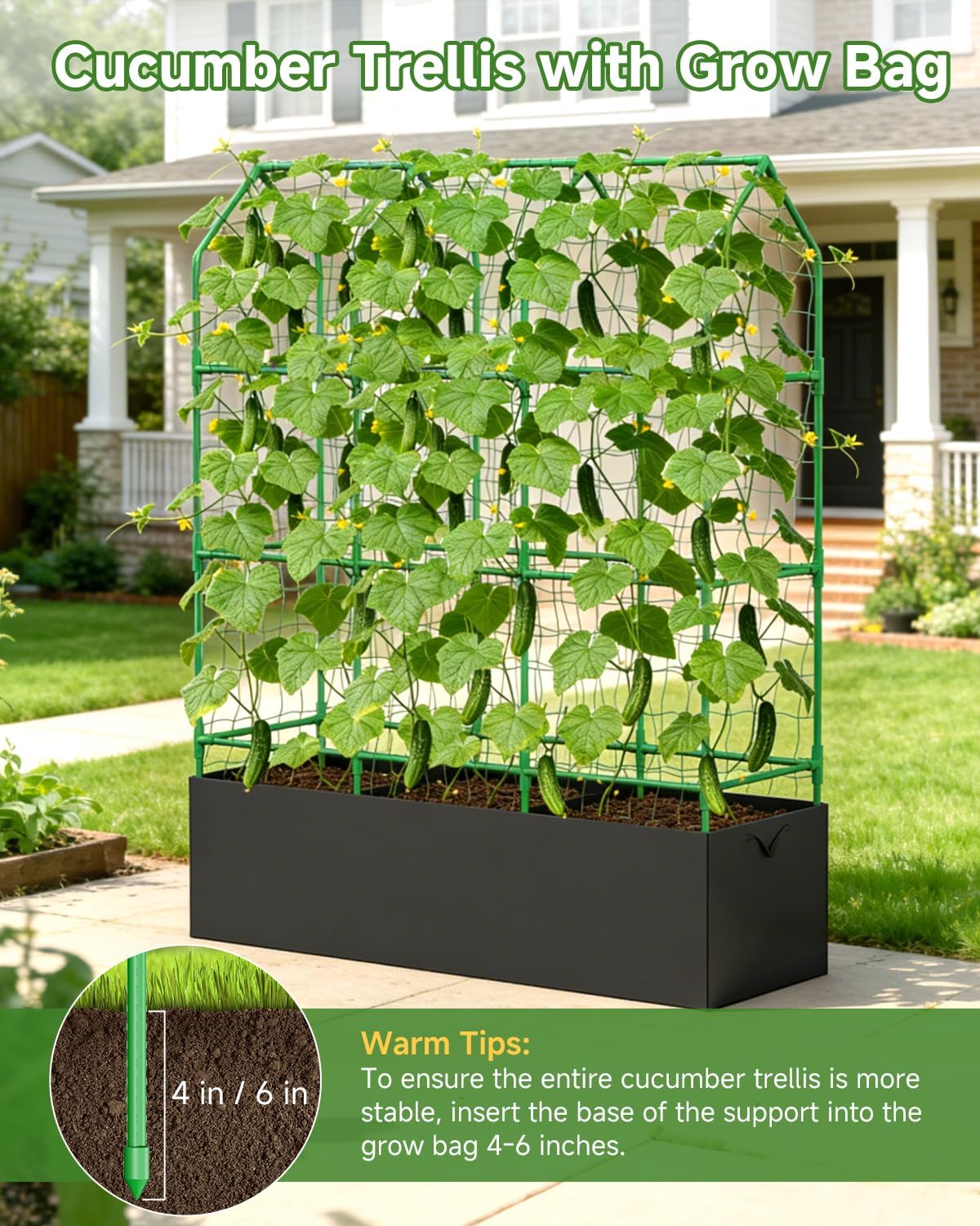 Cucumber Trellis with Grow Bag for Raised Bed, A-Shape Garden Trellis for Climbing Plants Outdoor, Metal Plant Trellis