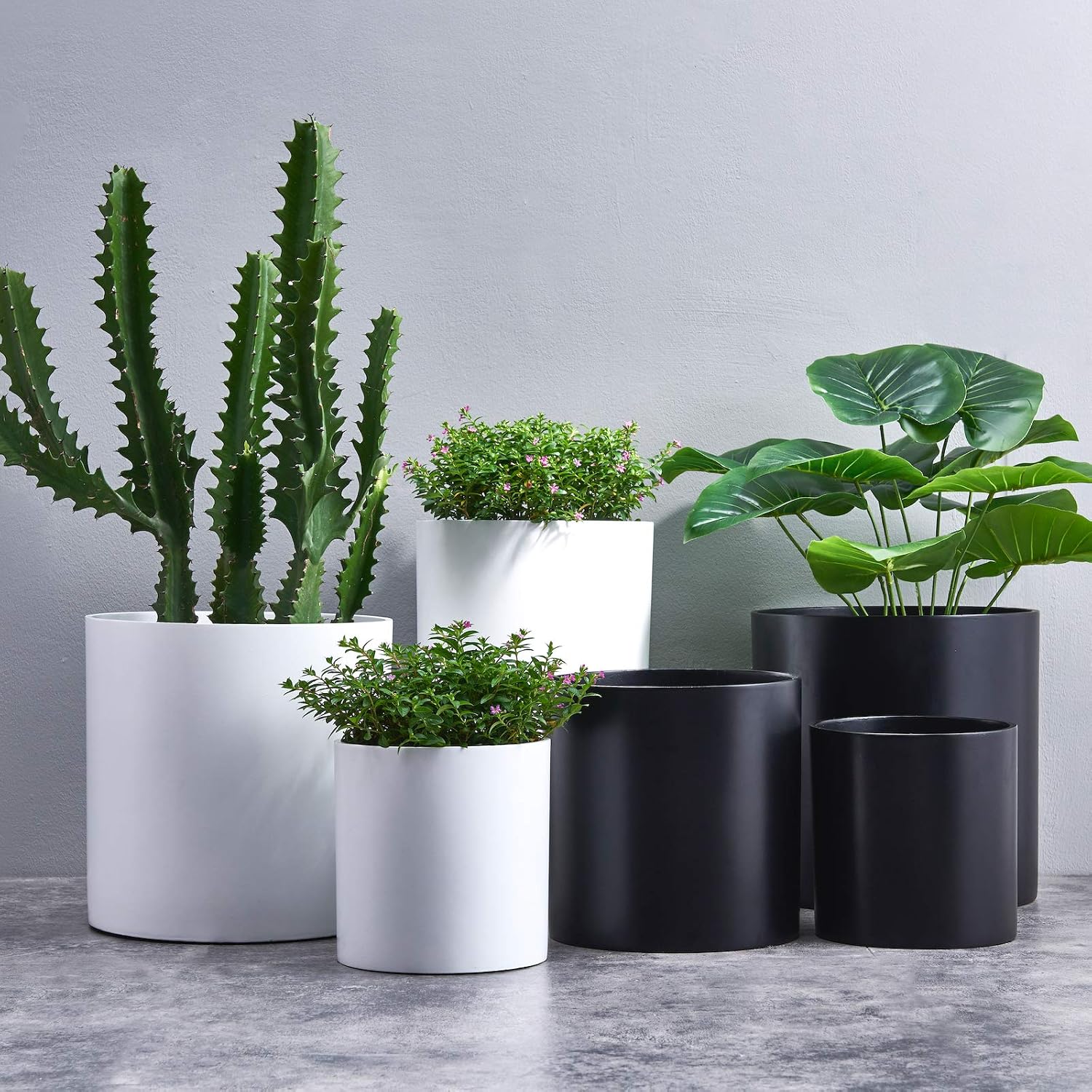 FaithLand 14 Inch Fiberstone Planter - Lightweight Modern Cylinder Plant Pot with Drainage Hole & Plug, Indoor Outdoor