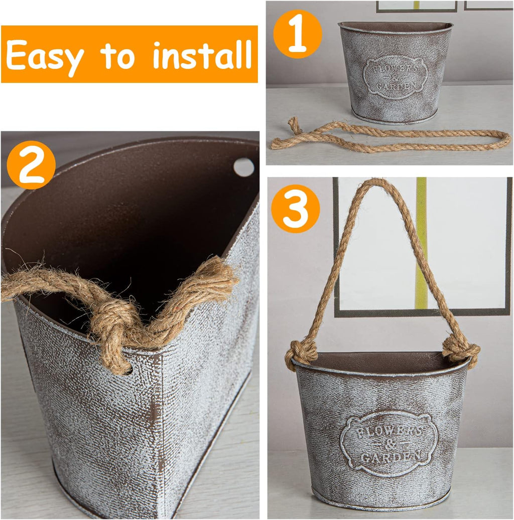 XONOR 4Pcs Galvanized Metal Hanging Wall Planter, Rustic Wall Flower Vase for Succulents Herbs Country Home Farmhouse