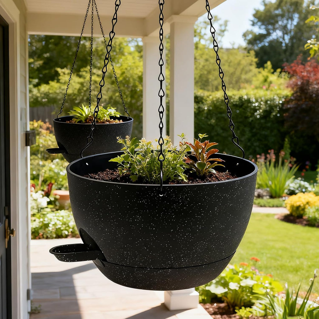 WOUSIWER Self Watering Hanging Planters, 2 Pack 10'' Plastic Pots with Drainage Holes & Reservoir Tray (Speckled Black)